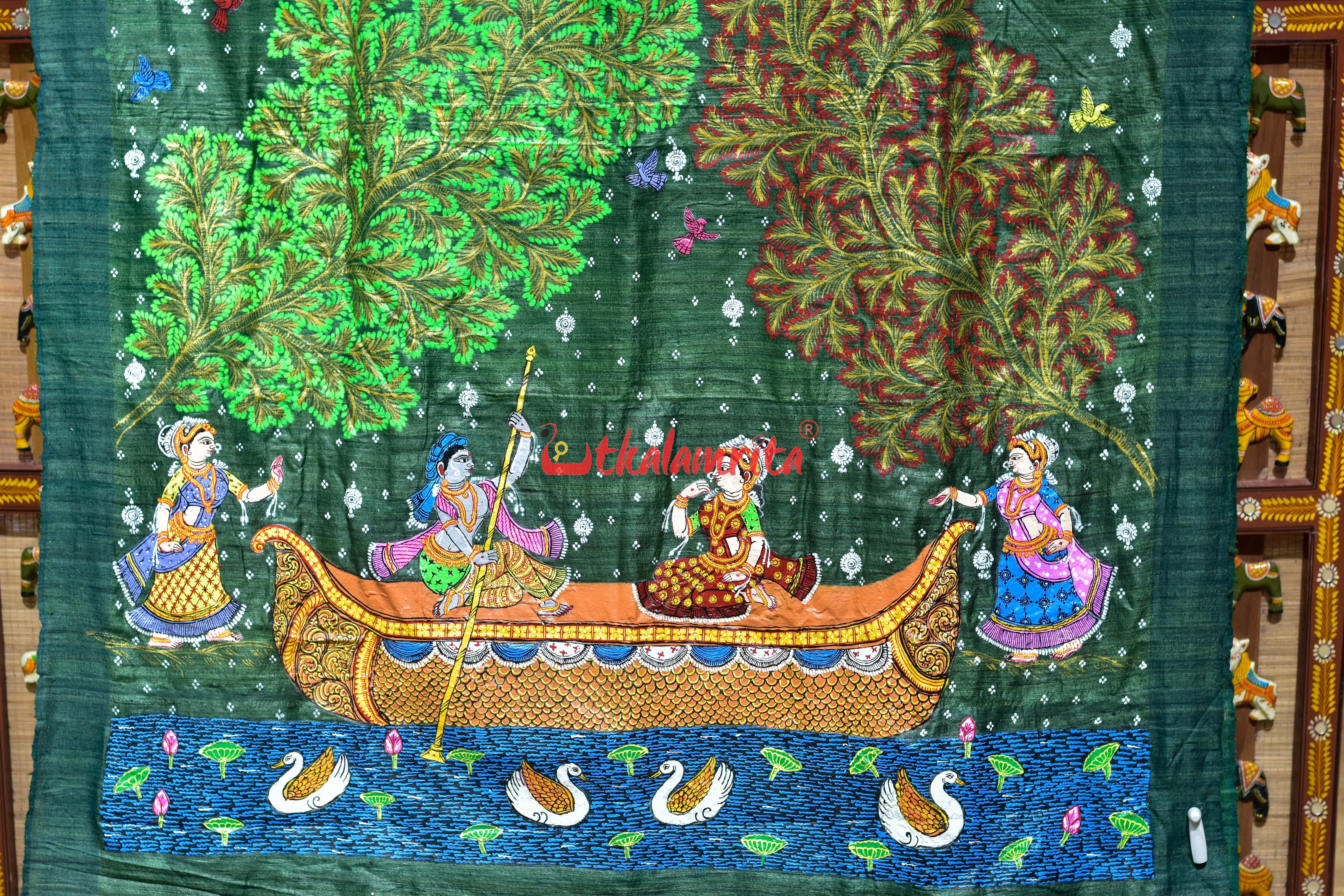 Gopalpur Tussar Beige Green Nauka Paar Pattachitra Silk Saree