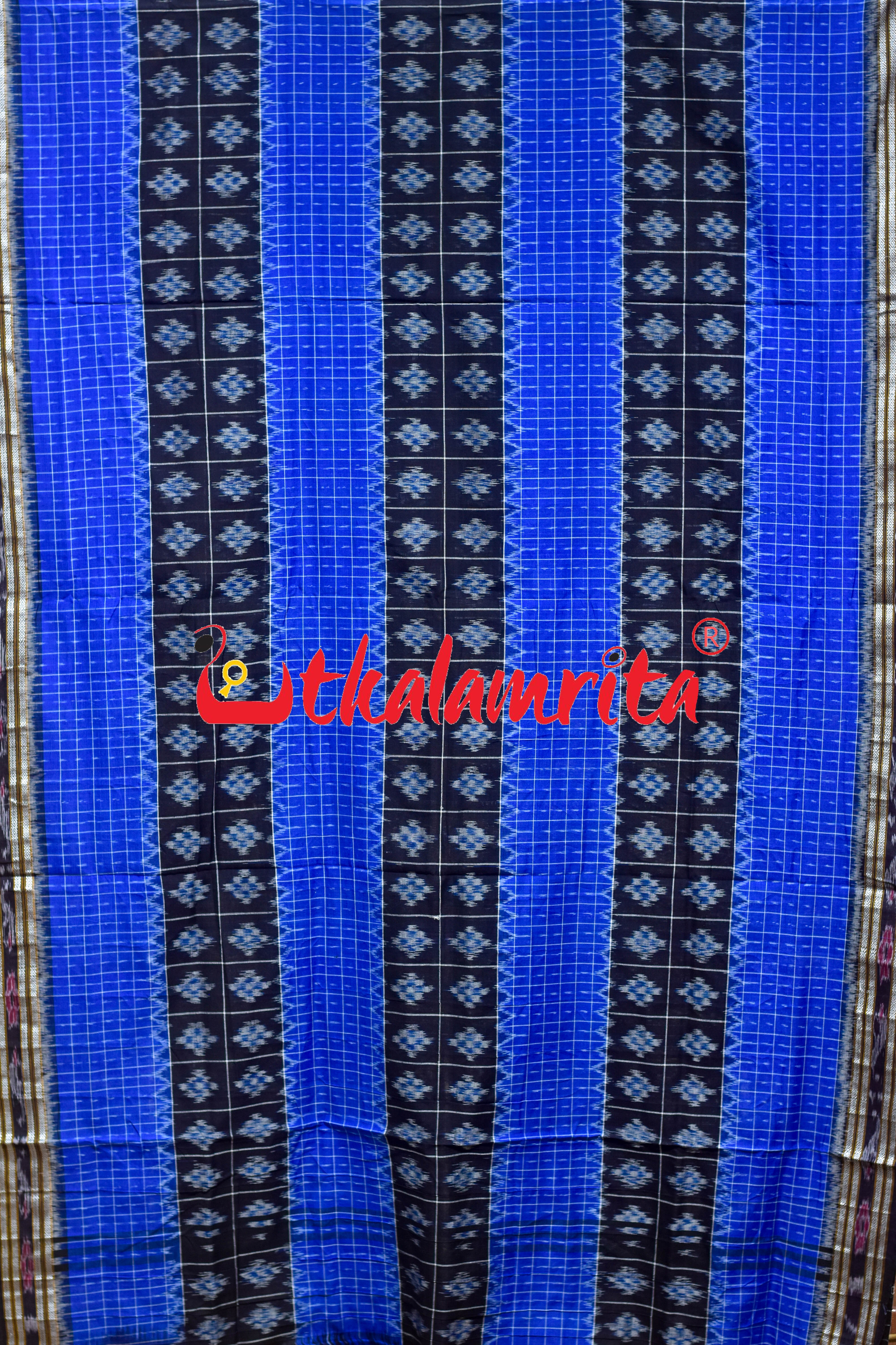 Blue Checks Black Middle Pasapali Khandua Cotton Saree