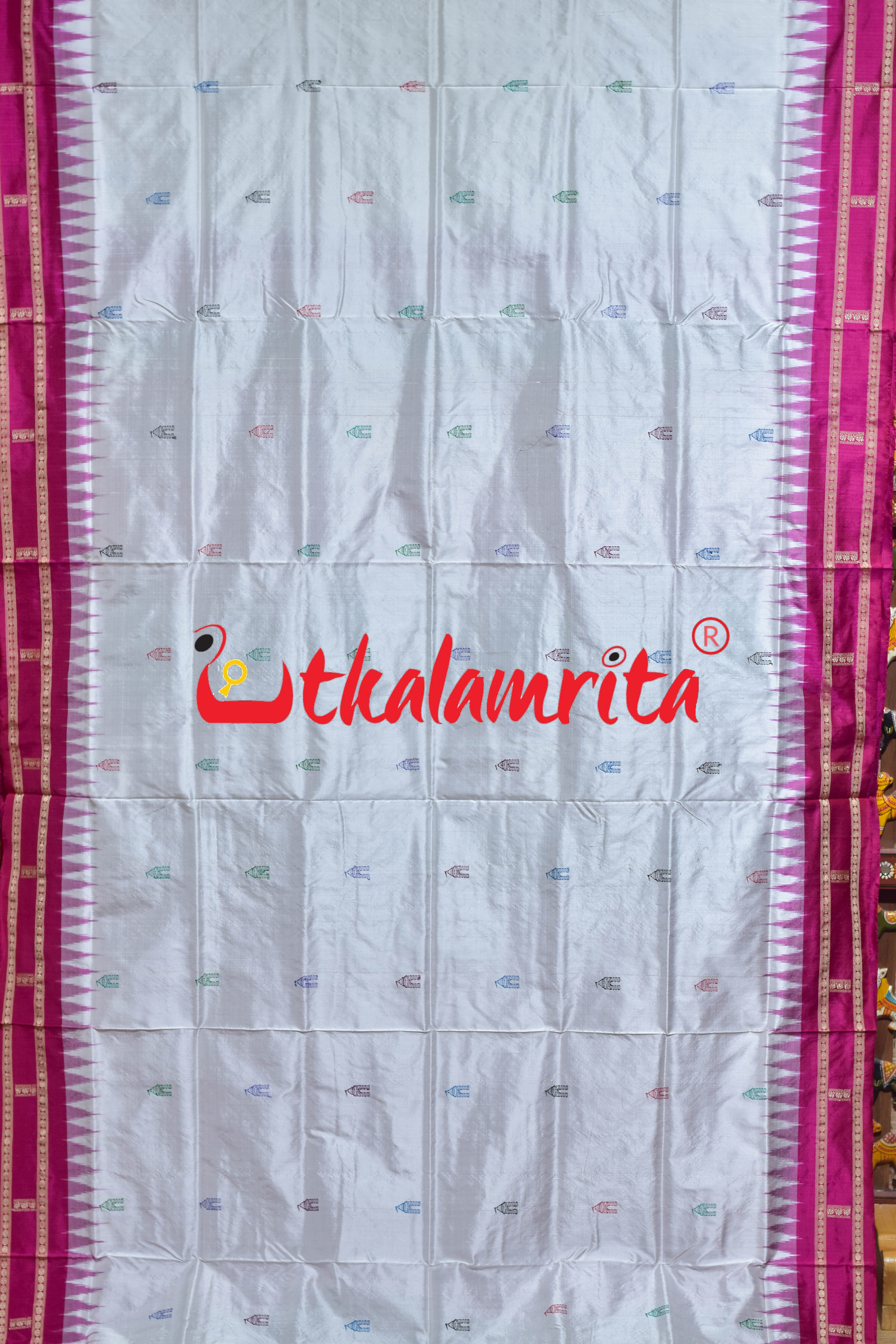 White Rani Pink Srimandira Bomkai Silk Saree