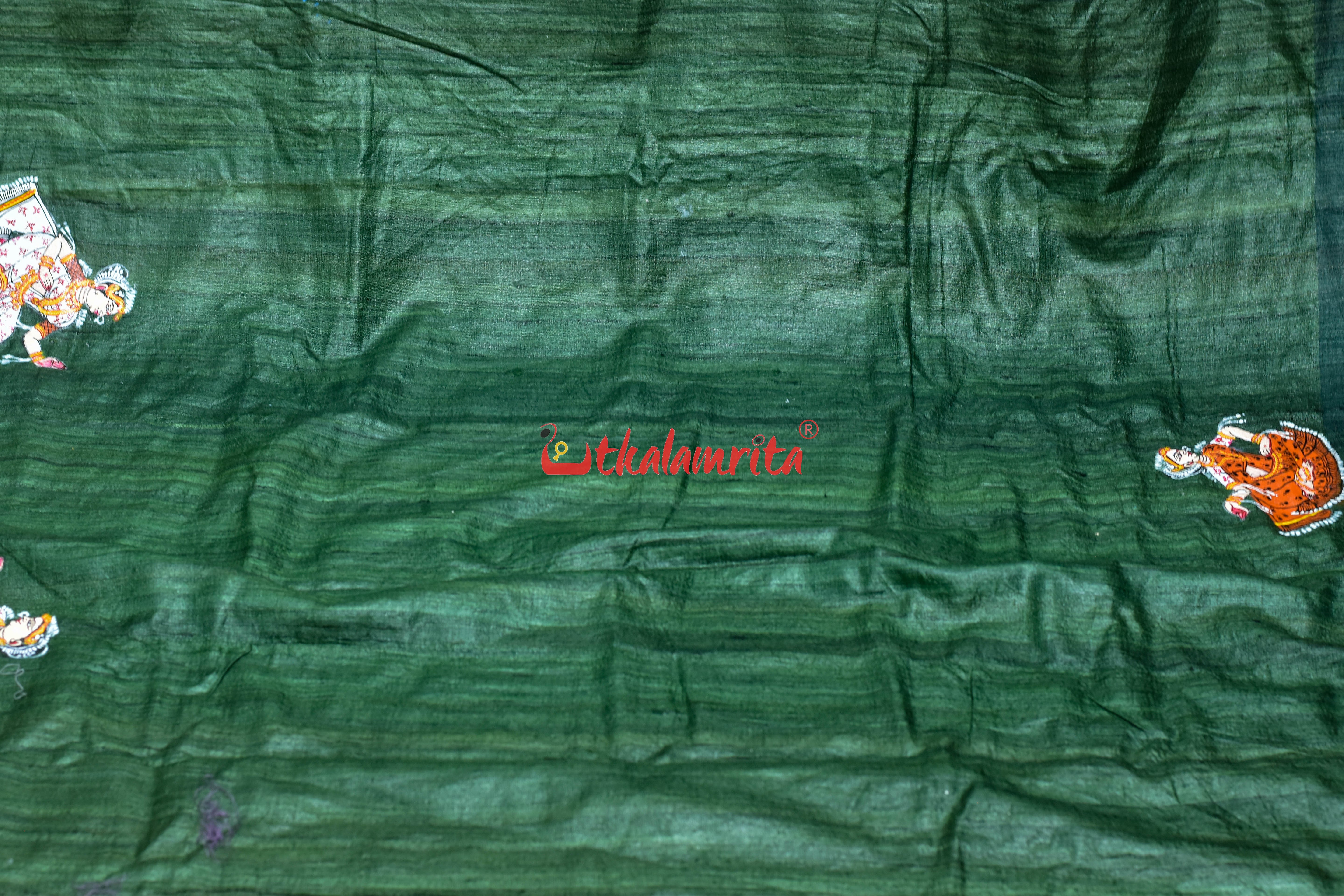 Gopalpur Tussar Beige Green Nauka Paar Pattachitra Silk Saree