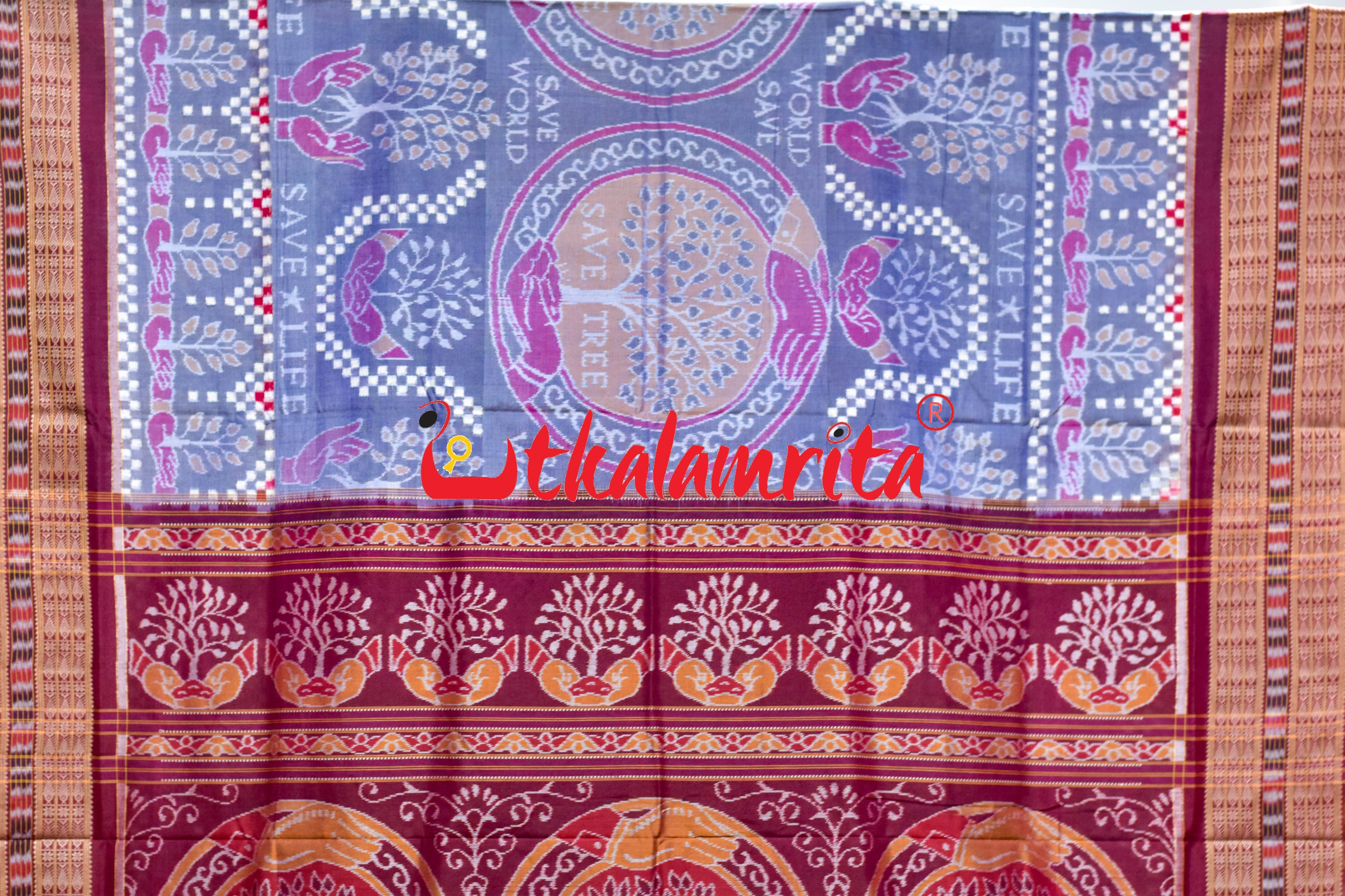 Save Tree Save World Theme Grey Sambalpuri Cotton Saree