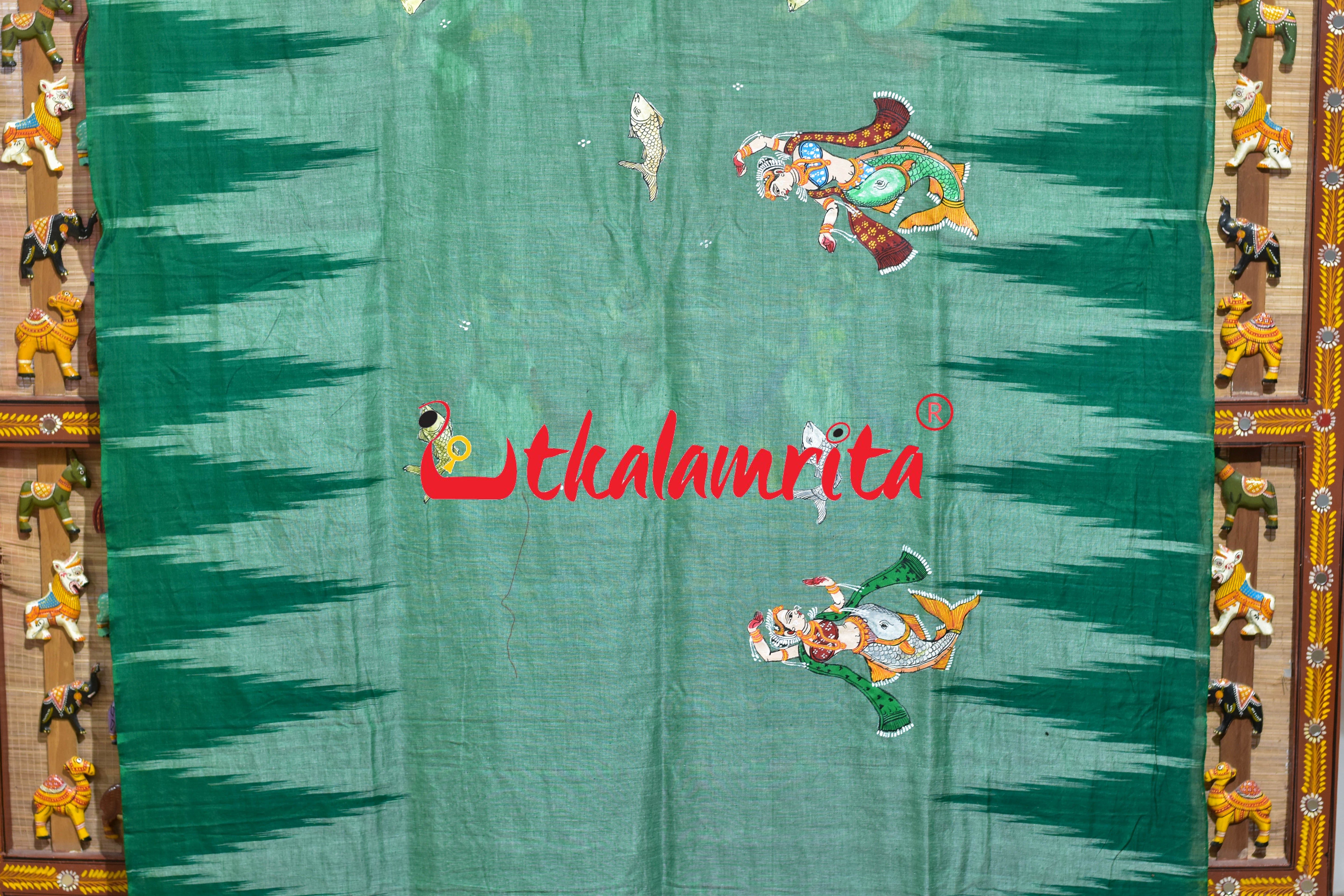 Green Kargil Maschya Kanya Pattachitra Cotton Saree