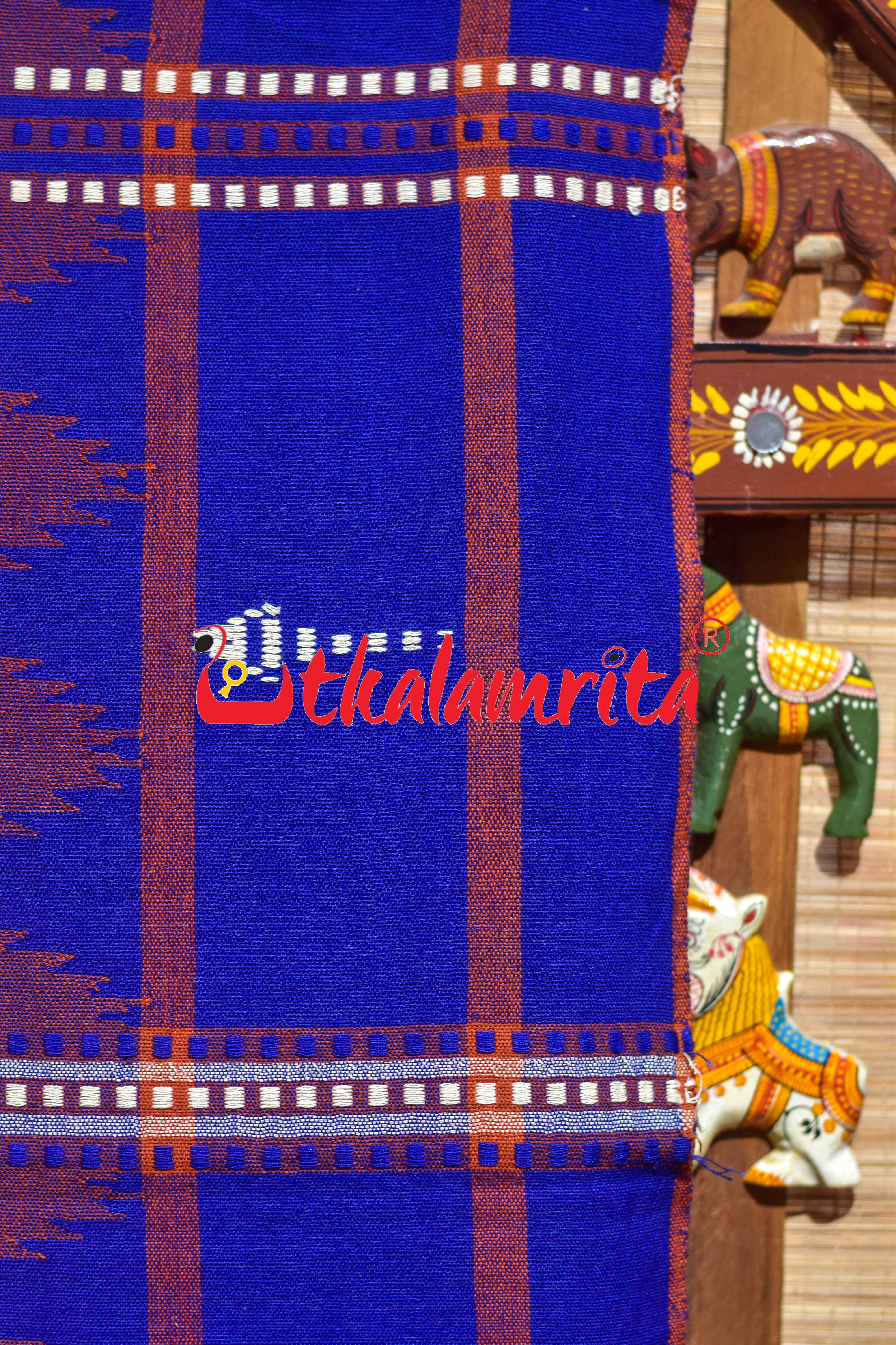 Rust Body Blue Adibasi Double Border Kotpad Cotton Saree