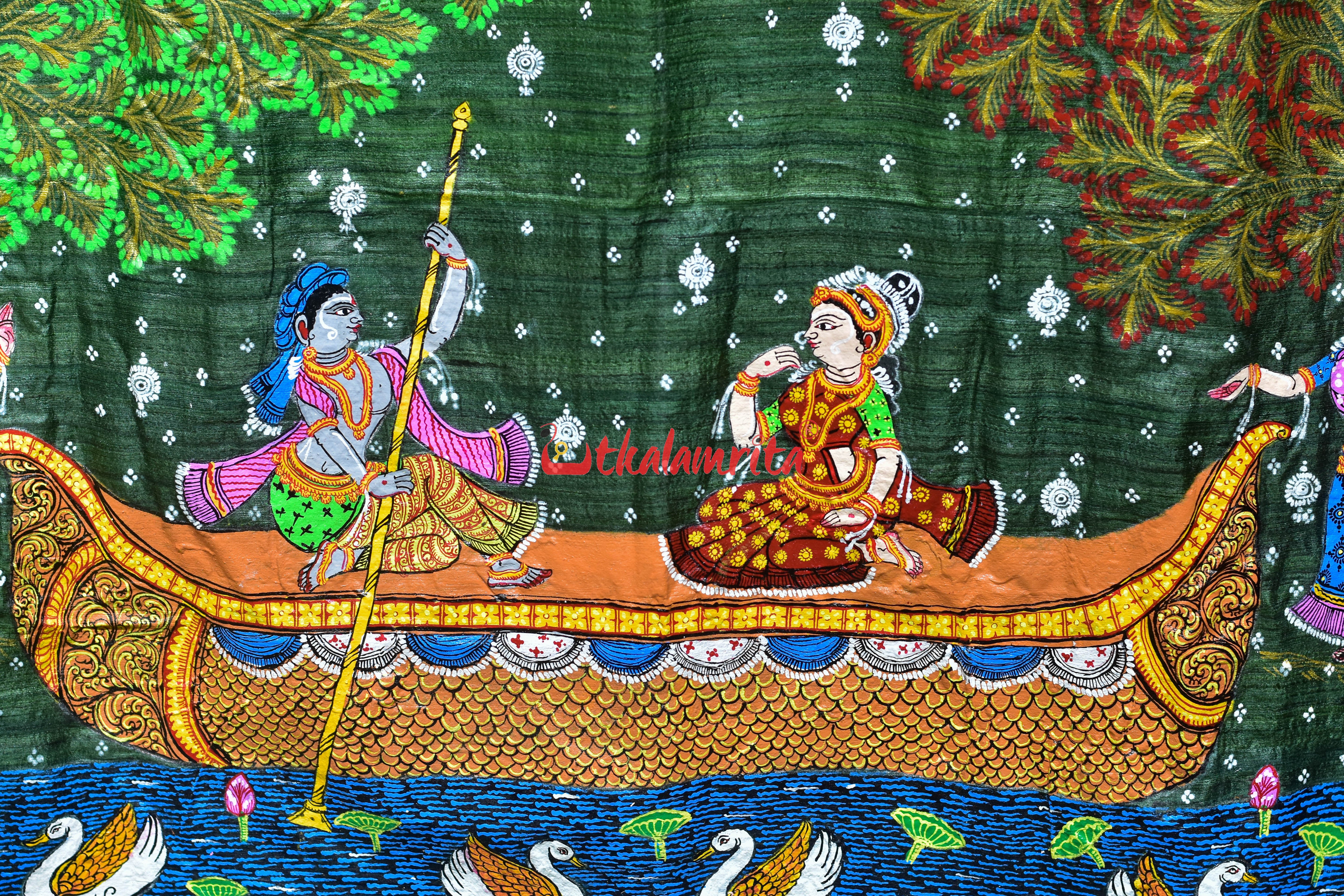 Gopalpur Tussar Beige Green Nauka Paar Pattachitra Silk Saree