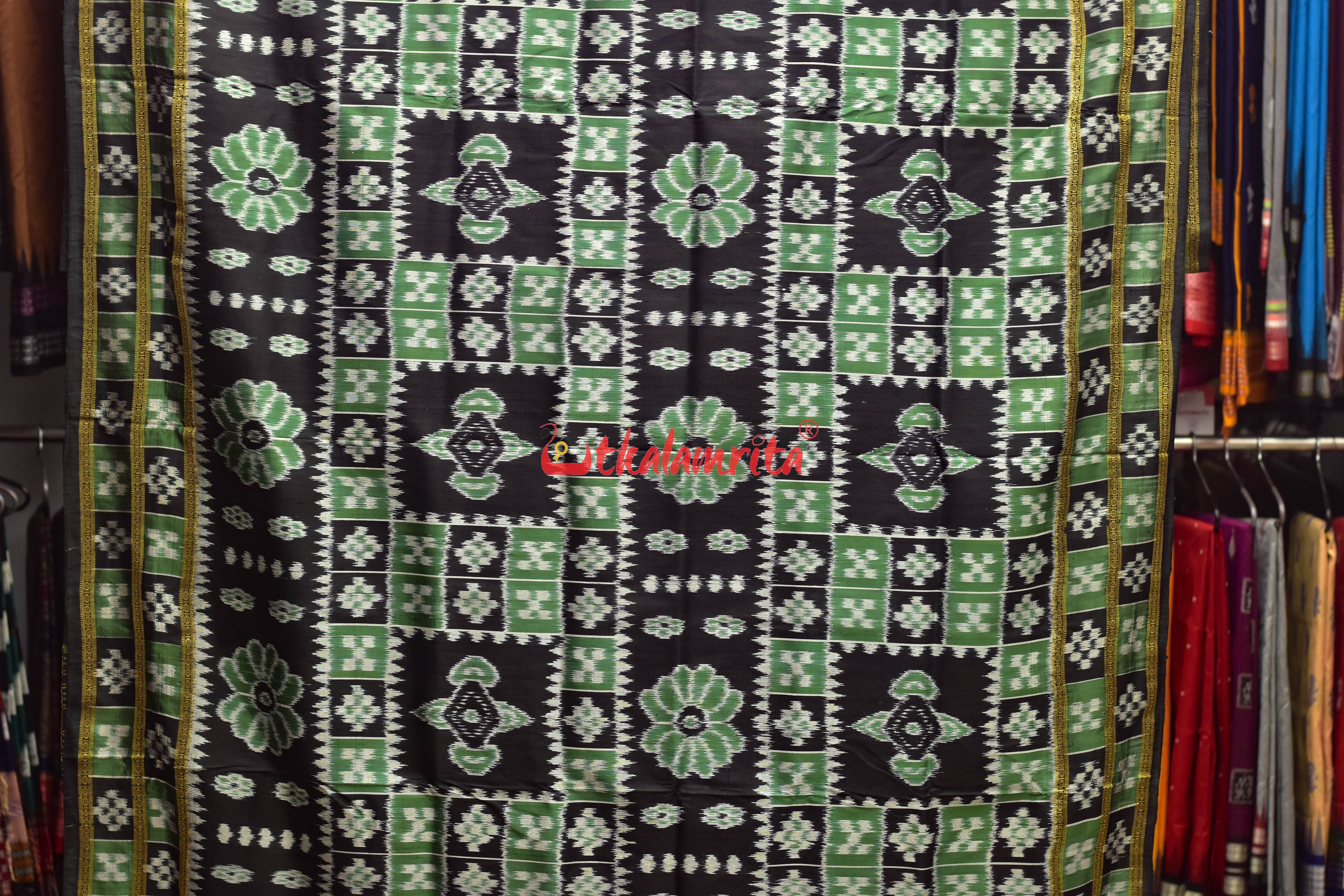 Green Black Flower Bandha Khandua Silk Saree