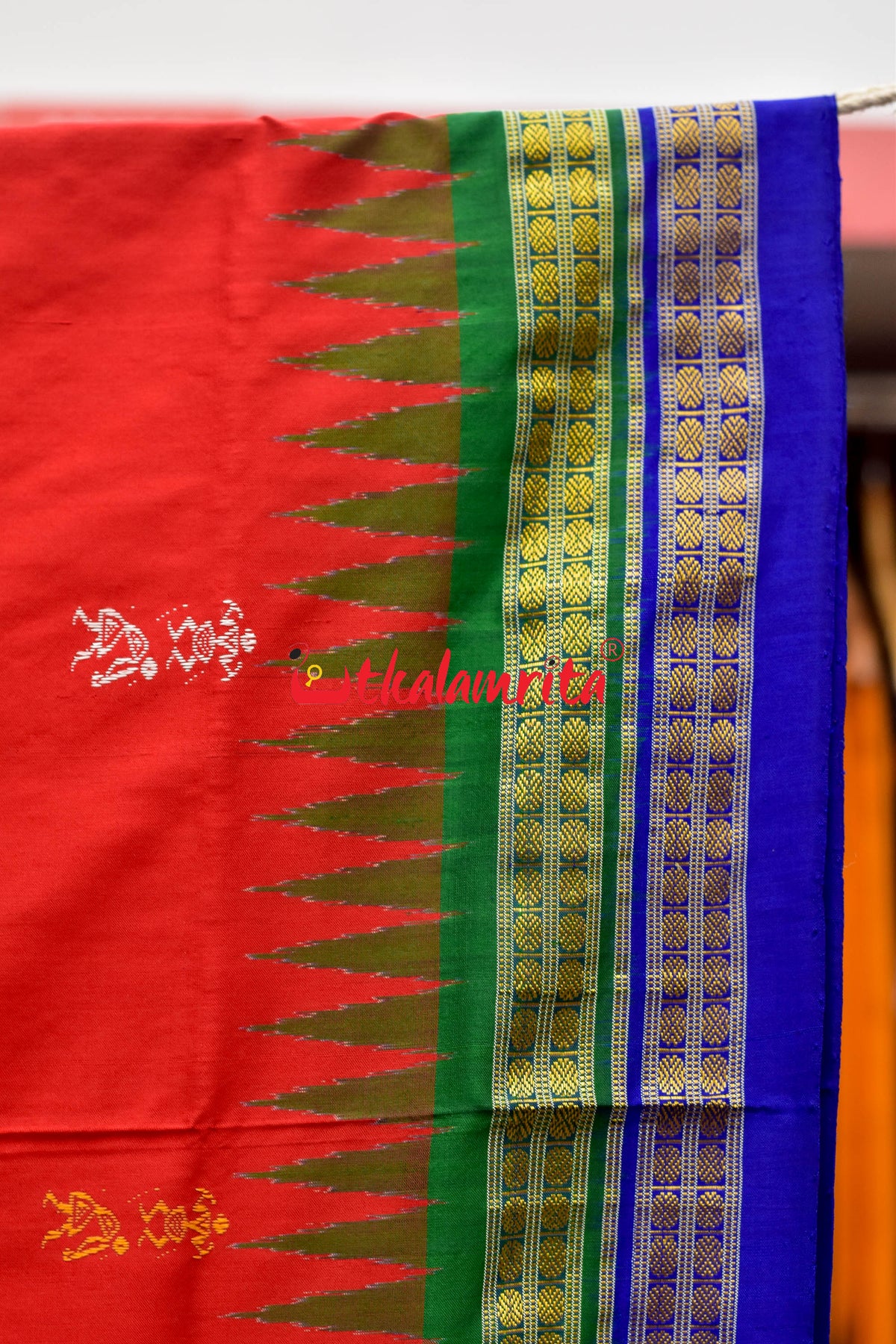 Blue Green Tribal Bomkai Sambalpuri Red Dual Border Silk
