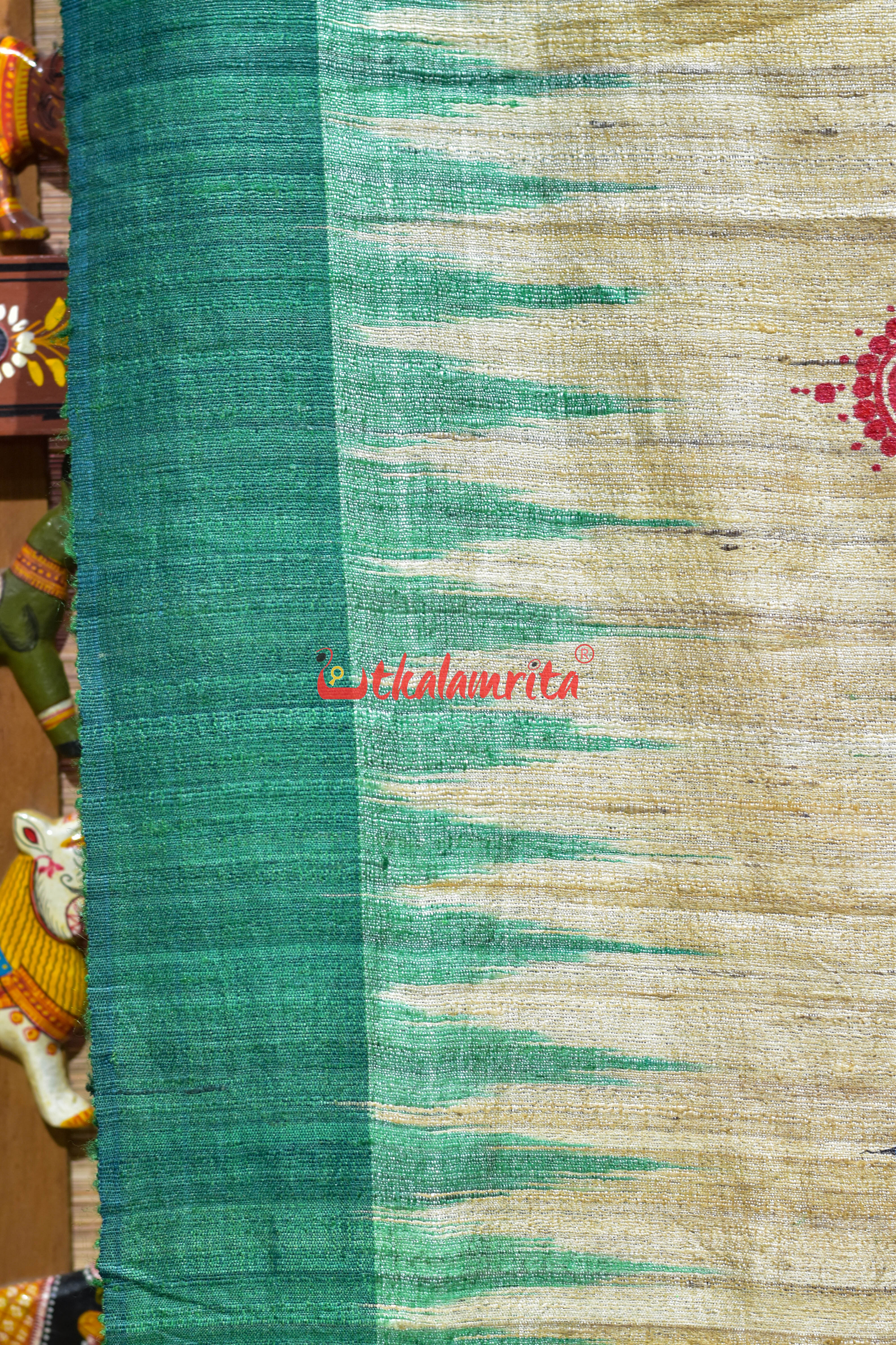 Gopalpur Tussar Beige Green Nauka Paar Pattachitra Silk Saree