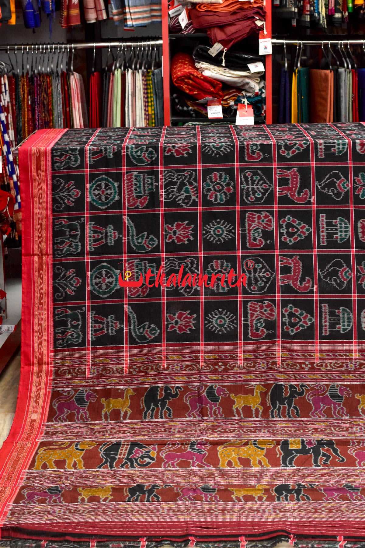 Black Red and Green Combo Nabakothi Cotton Saree