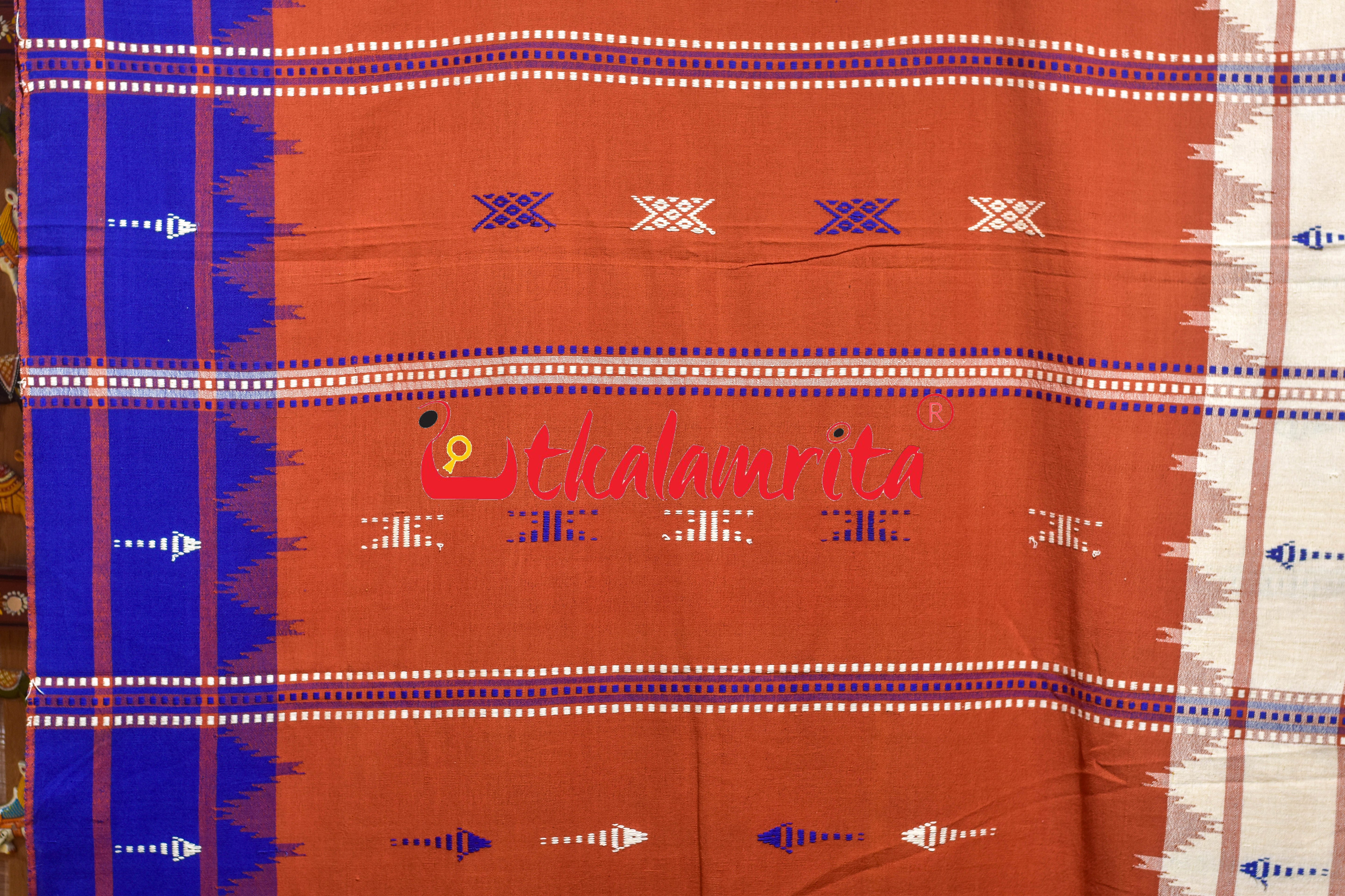 Rust Body Blue Adibasi Double Border Kotpad Cotton Saree