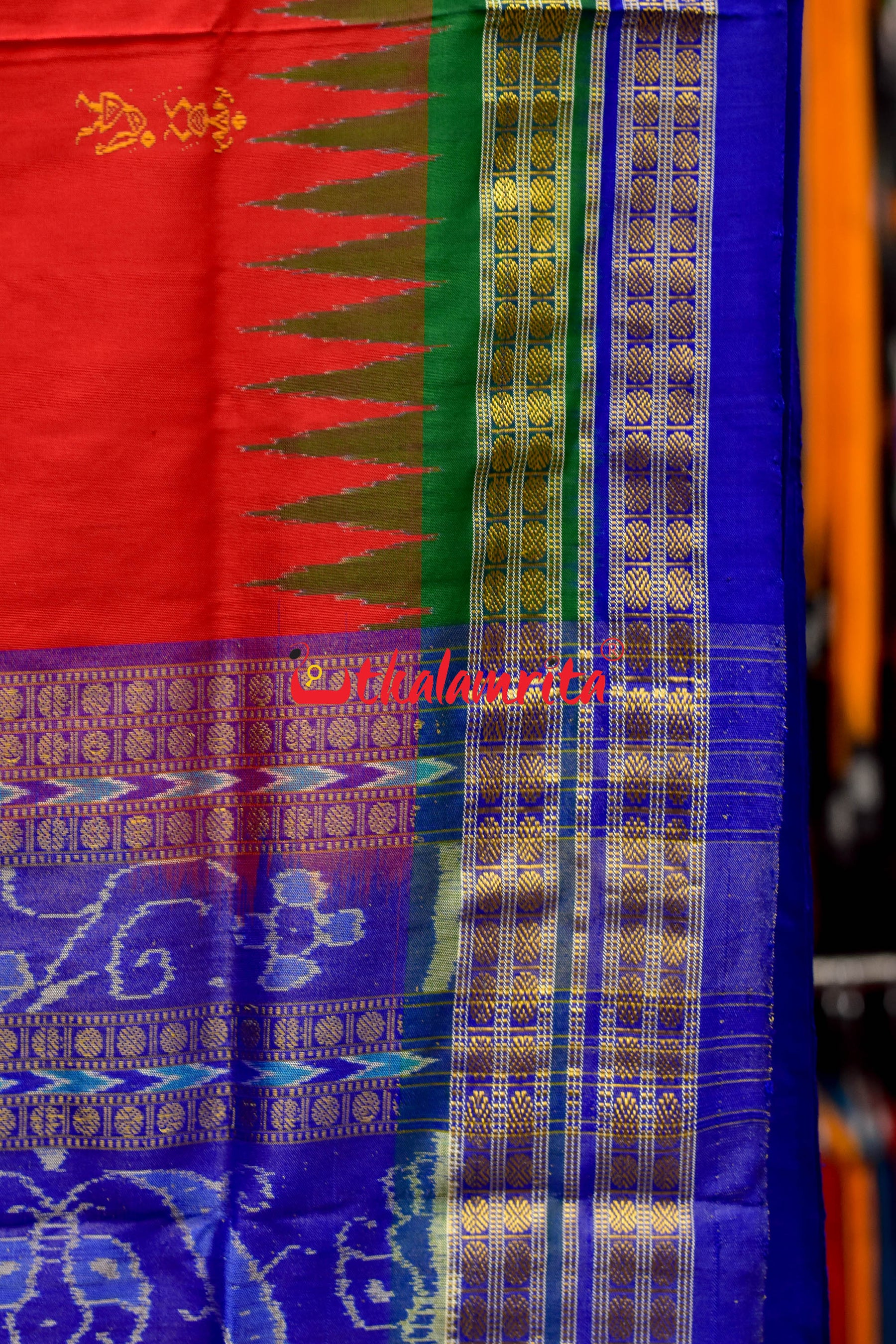 Blue Green Tribal Bomkai Sambalpuri Red Dual Border Silk