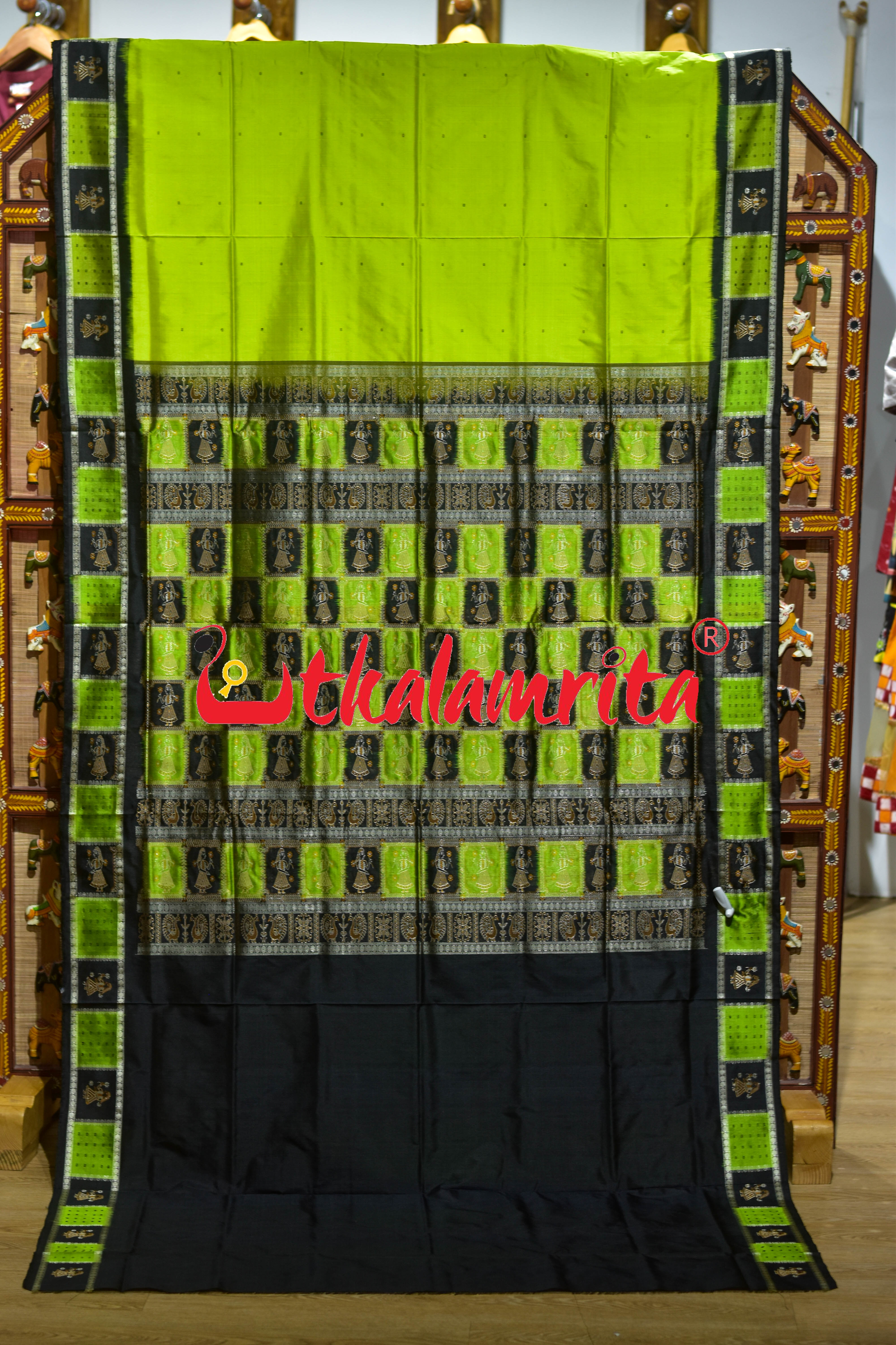 Fluorescent Green Black Doll Border Bomkai Silk Saree