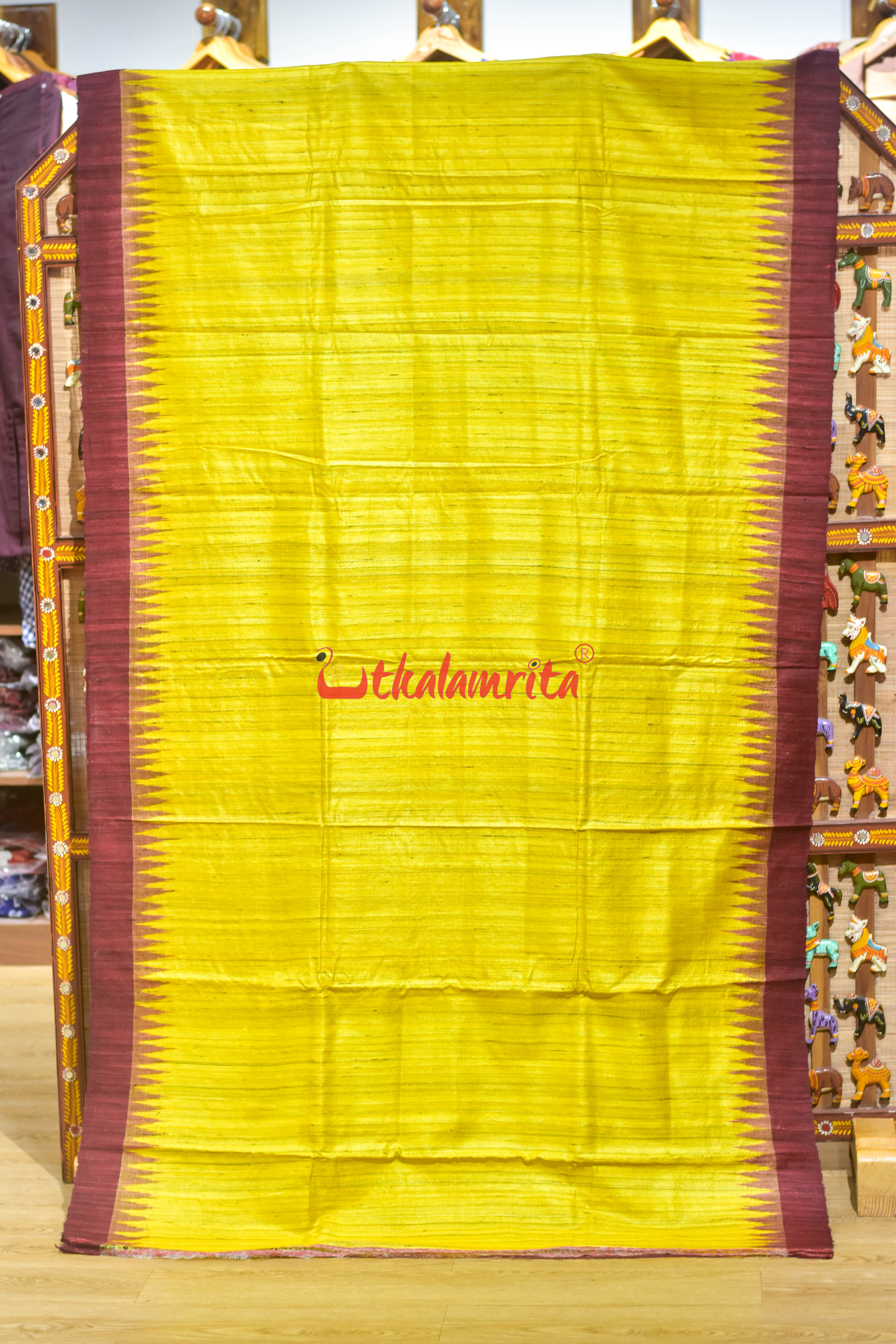Gopalpur Tussar Yellow Maroon Saree
