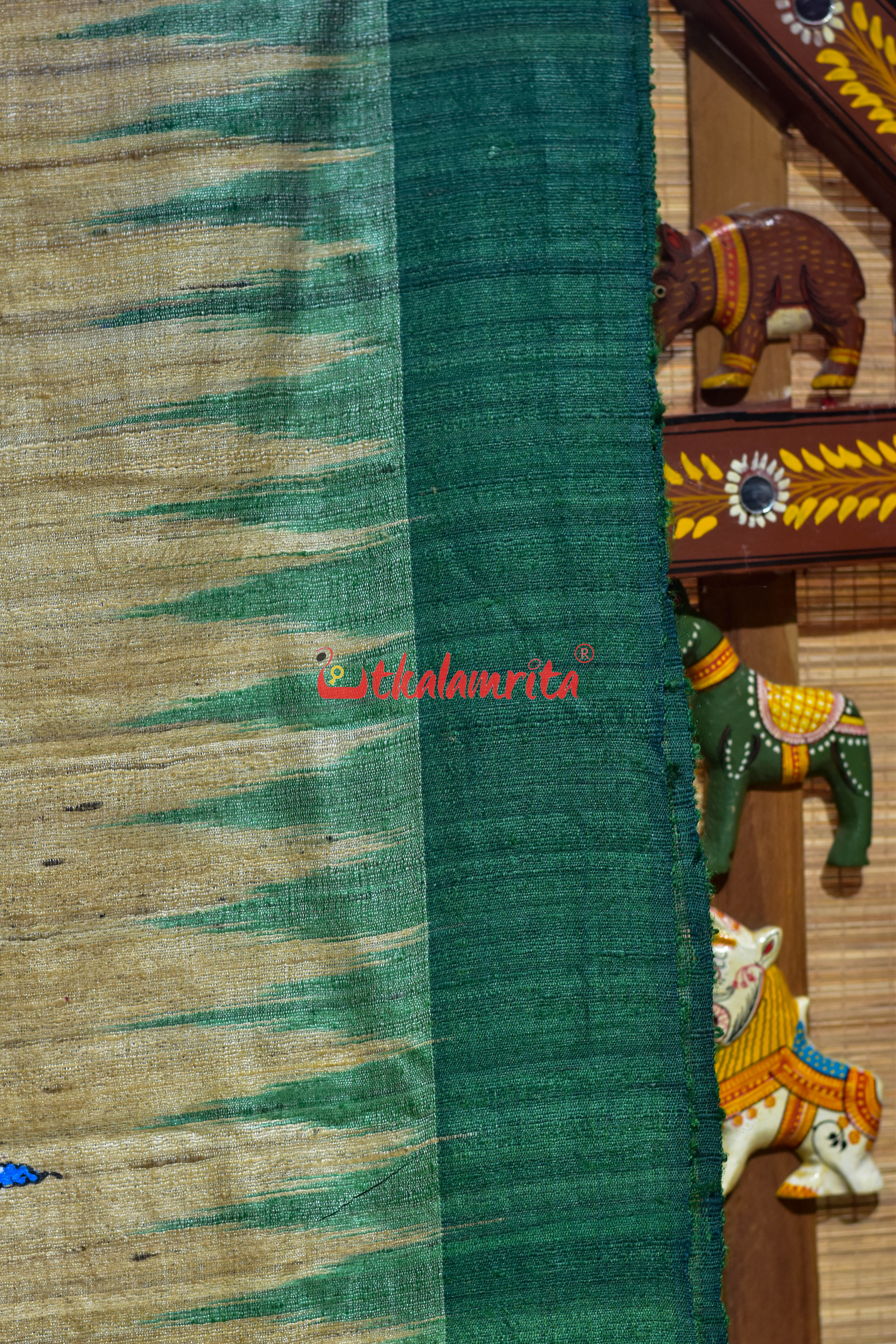 Gopalpur Tussar Beige Green Nauka Paar Pattachitra Silk Saree