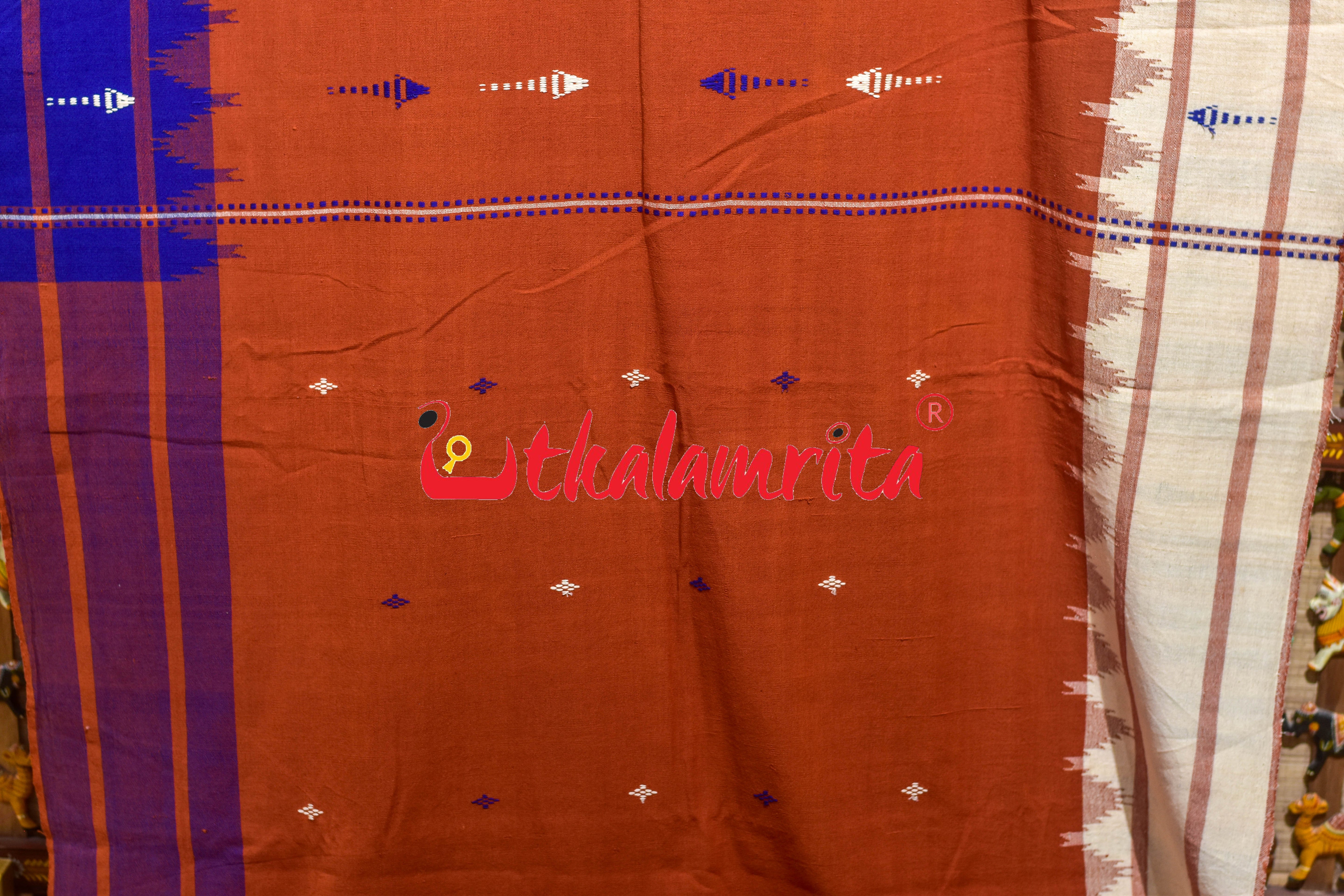 Rust Body Blue Adibasi Double Border Kotpad Cotton Saree