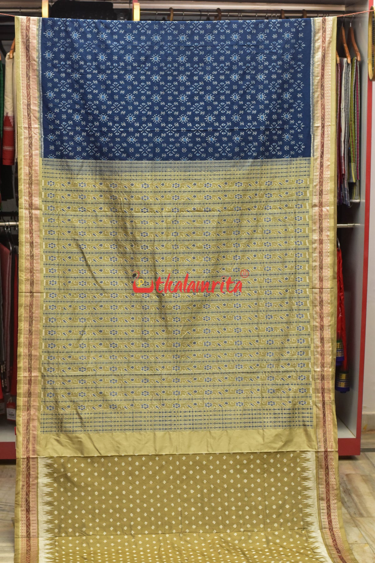 Deep Blue Grey Half Half Border Bandha Silk Saree