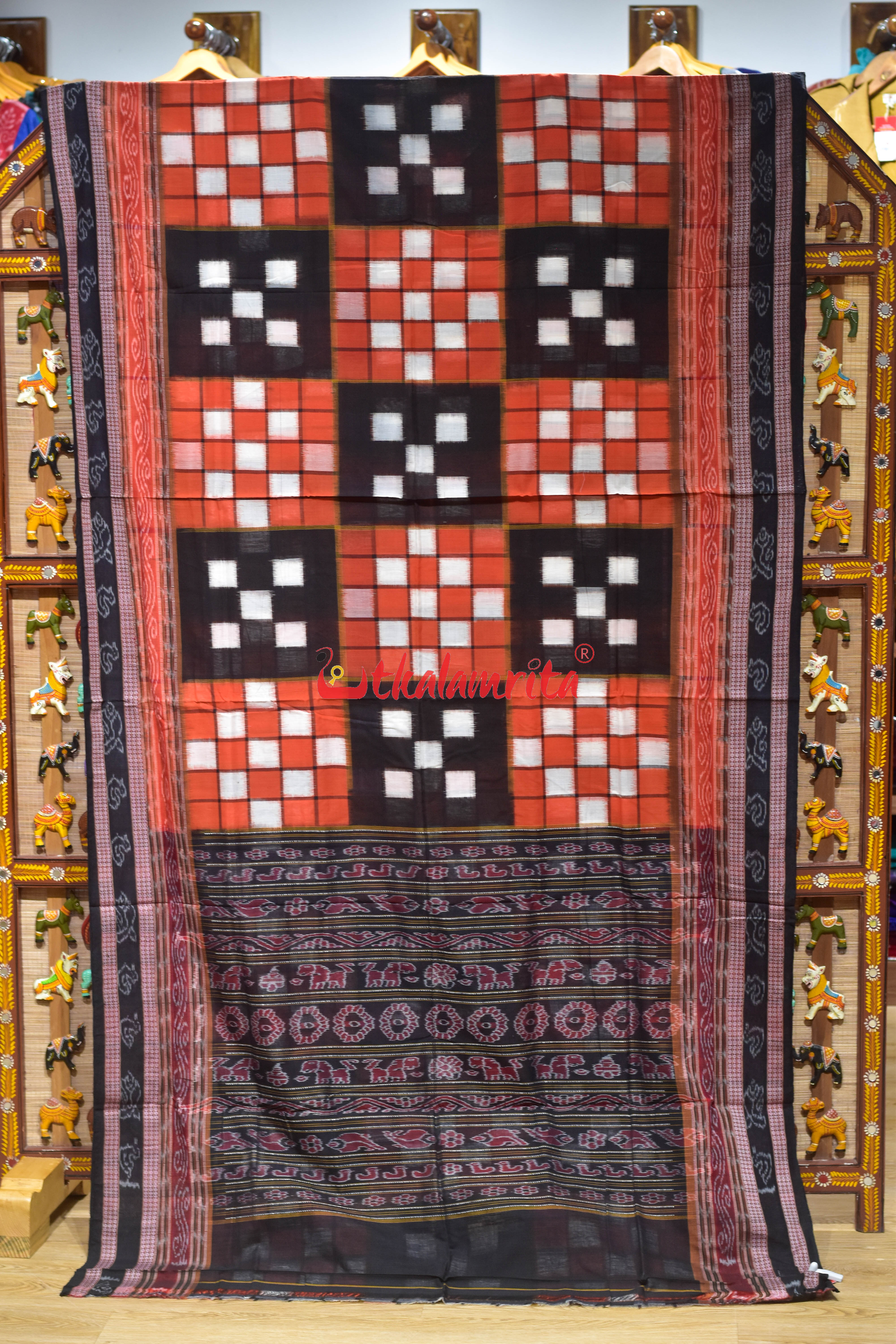Orange Black Bichitrapuri Cotton Saree