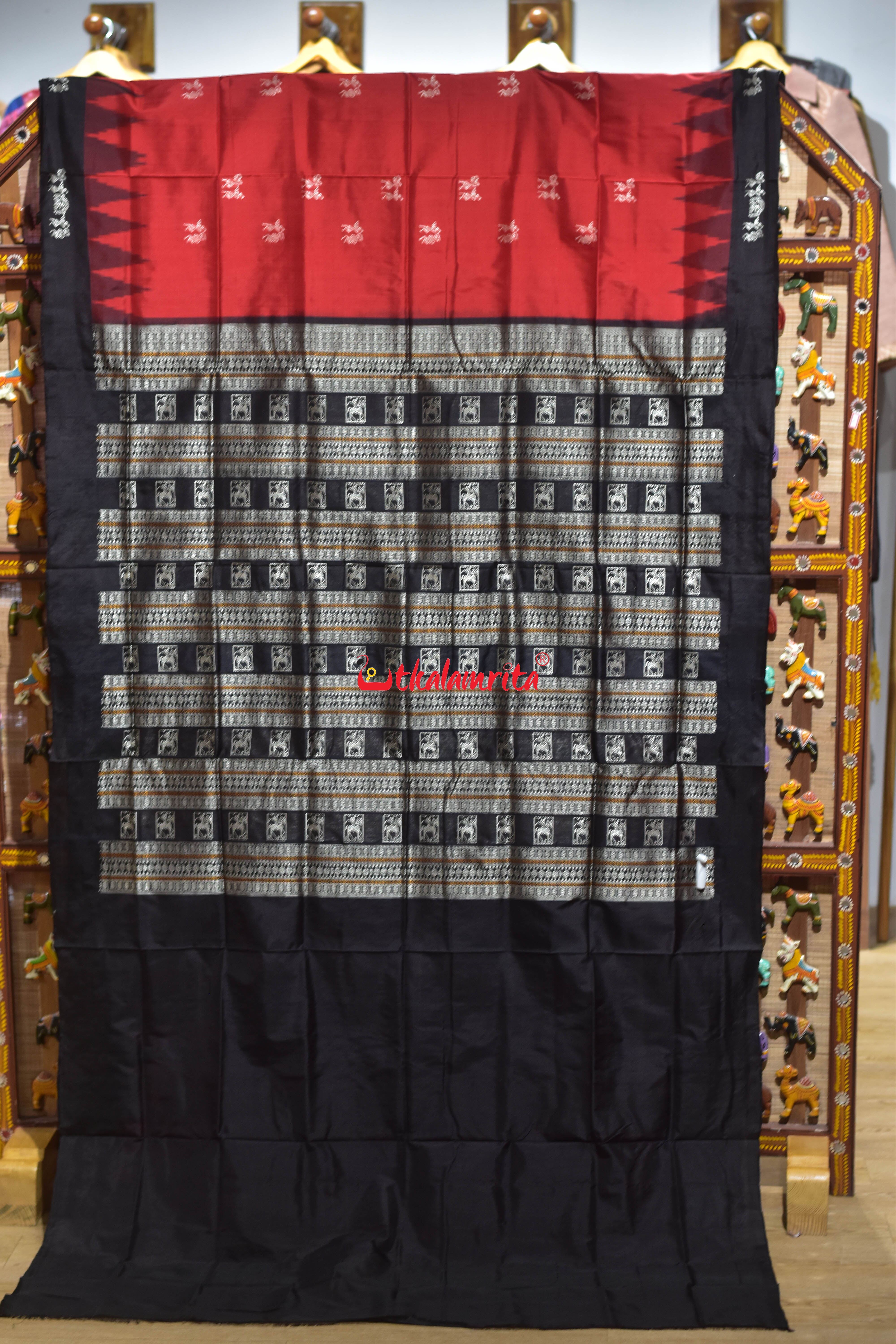 Red Black Sabari Tribal Bomkai Silk Saree