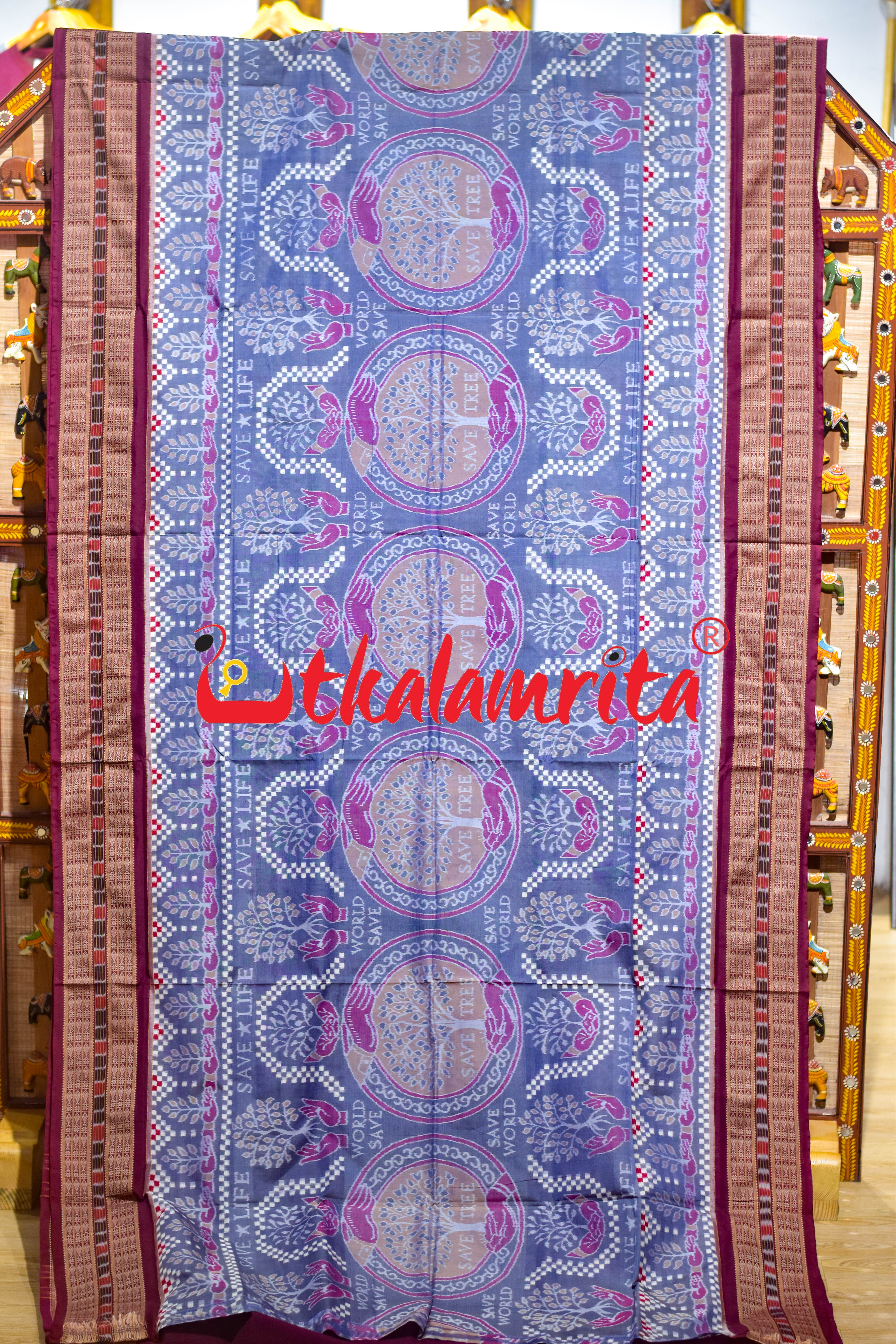 Save Tree Save World Theme Grey Sambalpuri Cotton Saree