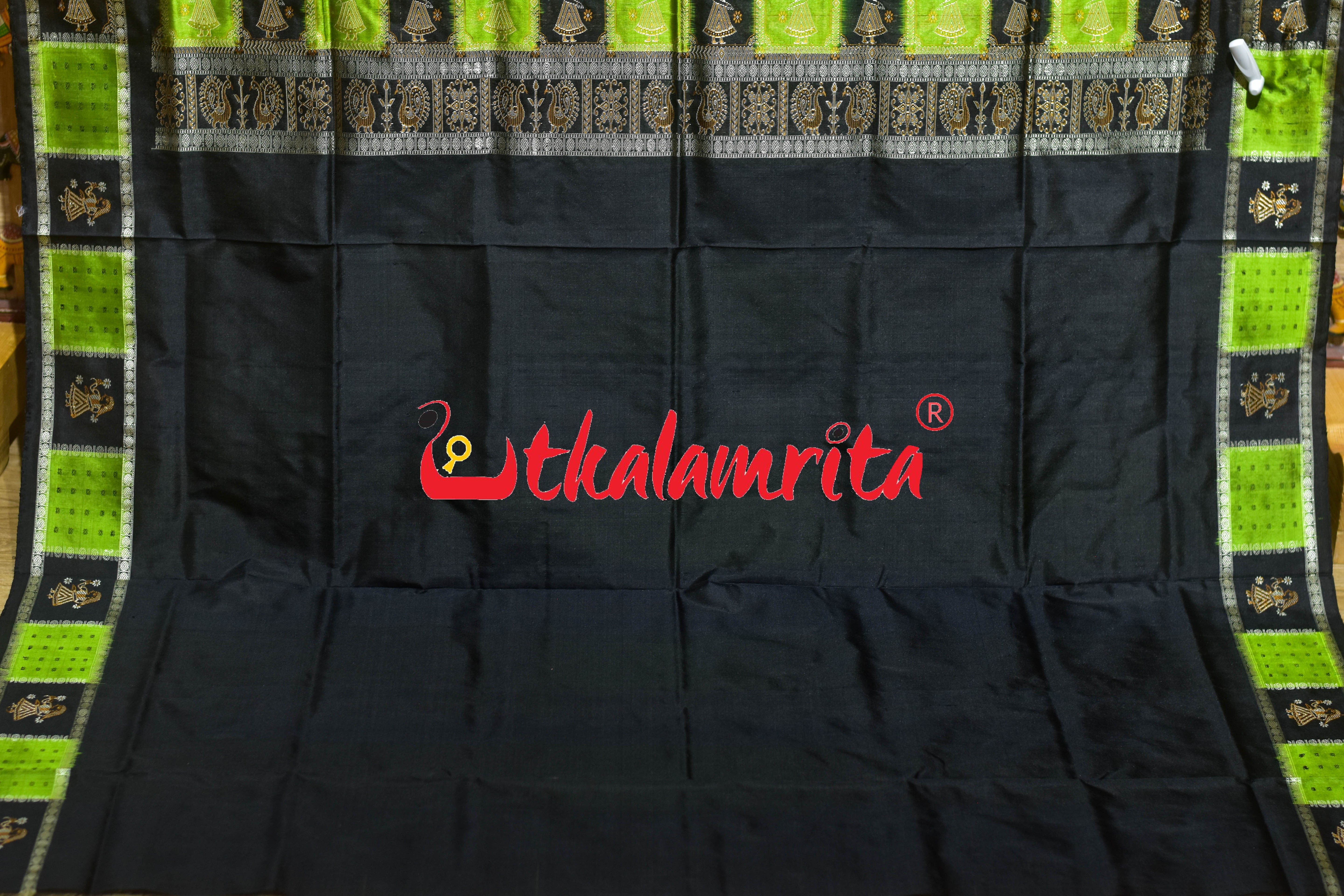 Fluorescent Green Black Doll Border Bomkai Silk Saree