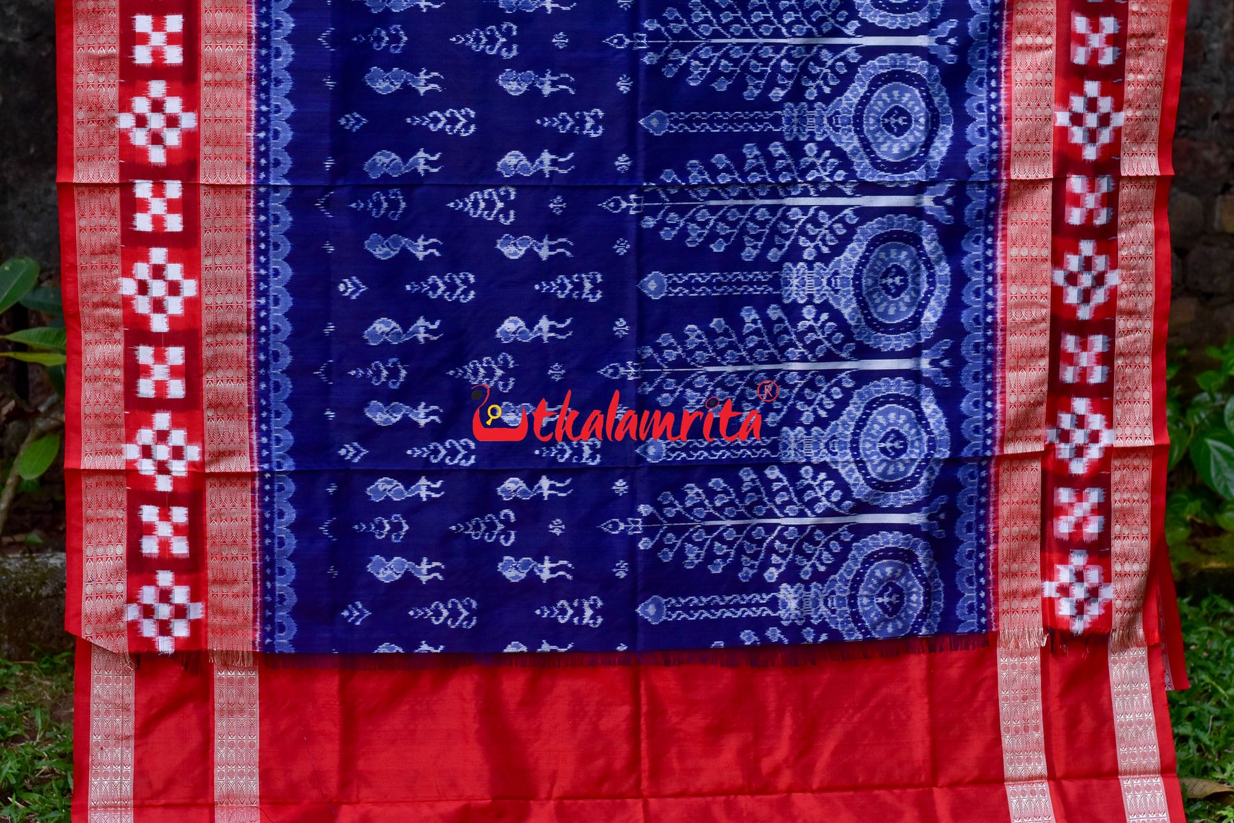 Blue sambalpuri cotton saree with red border and anchal - OdishaWeaves