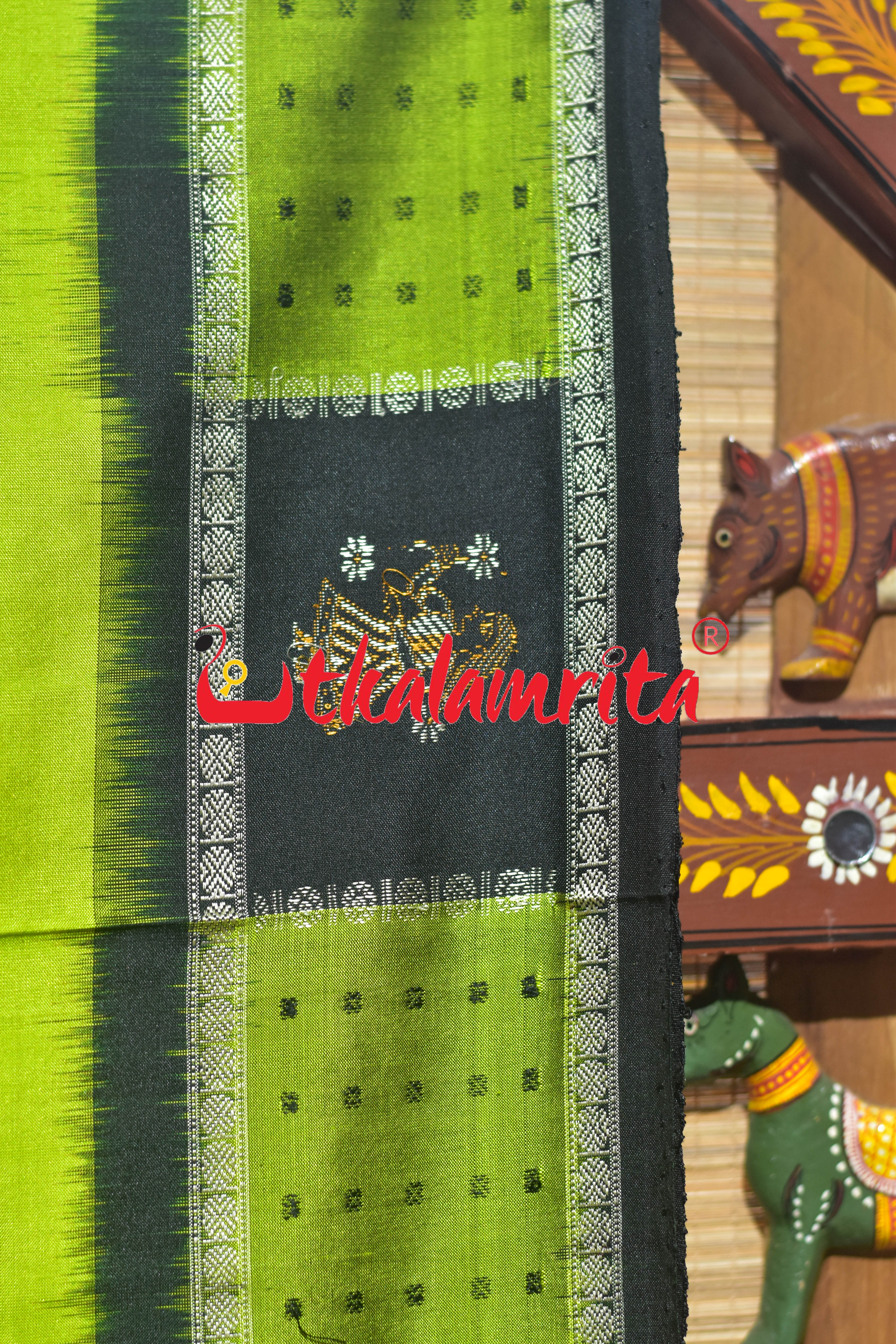 Fluorescent Green Black Doll Border Bomkai Silk Saree