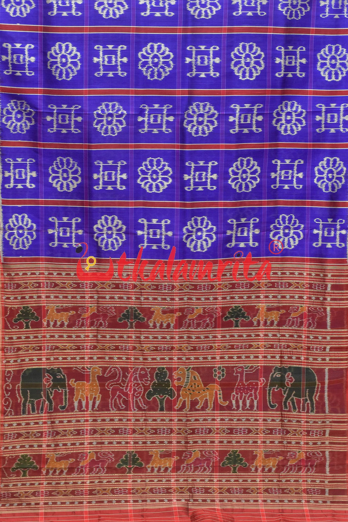 Blue with Animal Border Alpana Khandua Silk Saree