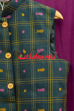 Bottle Green Pink Fish Buti Cotton (Men's Jacket)