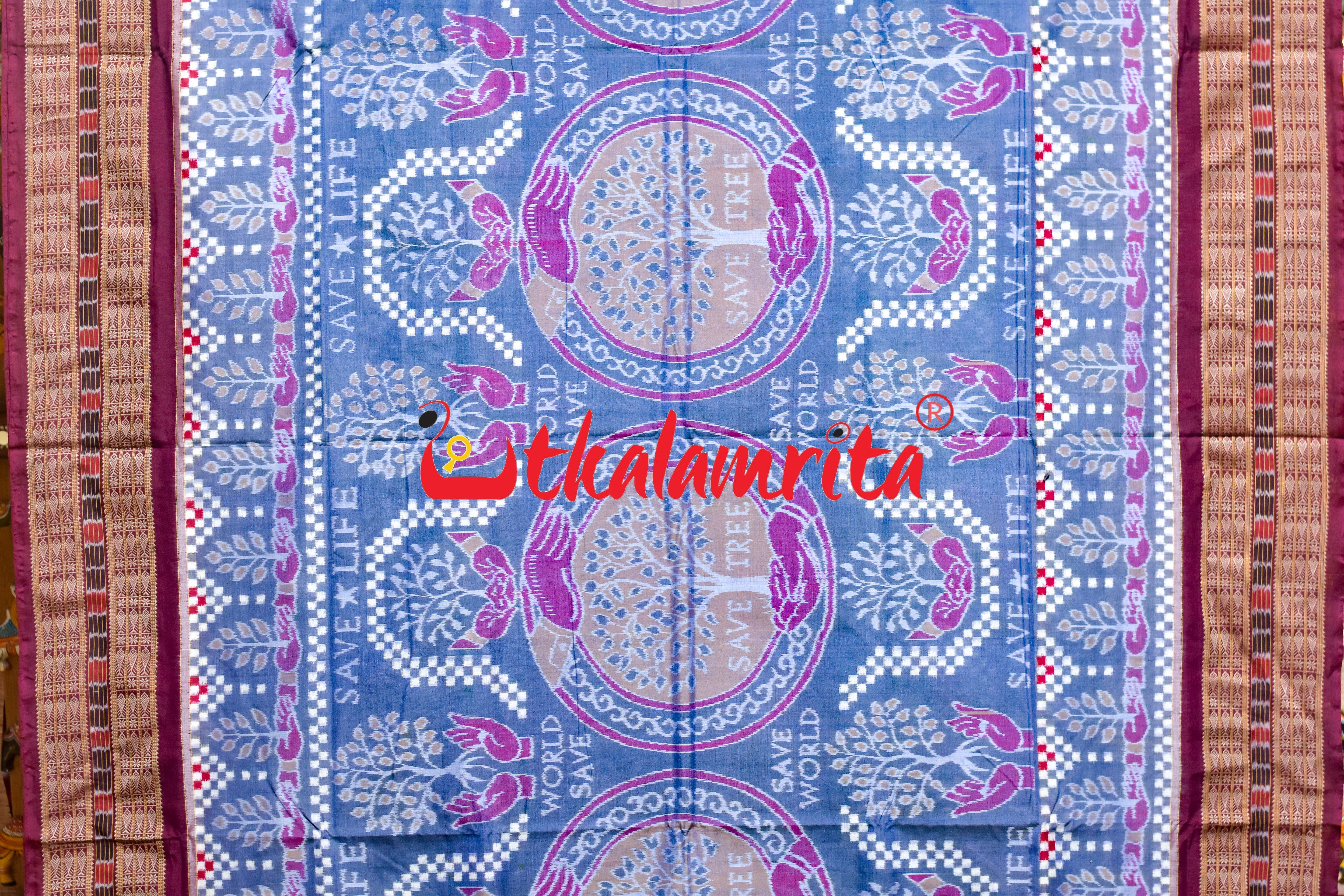 Save Tree Save World Theme Grey Sambalpuri Cotton Saree