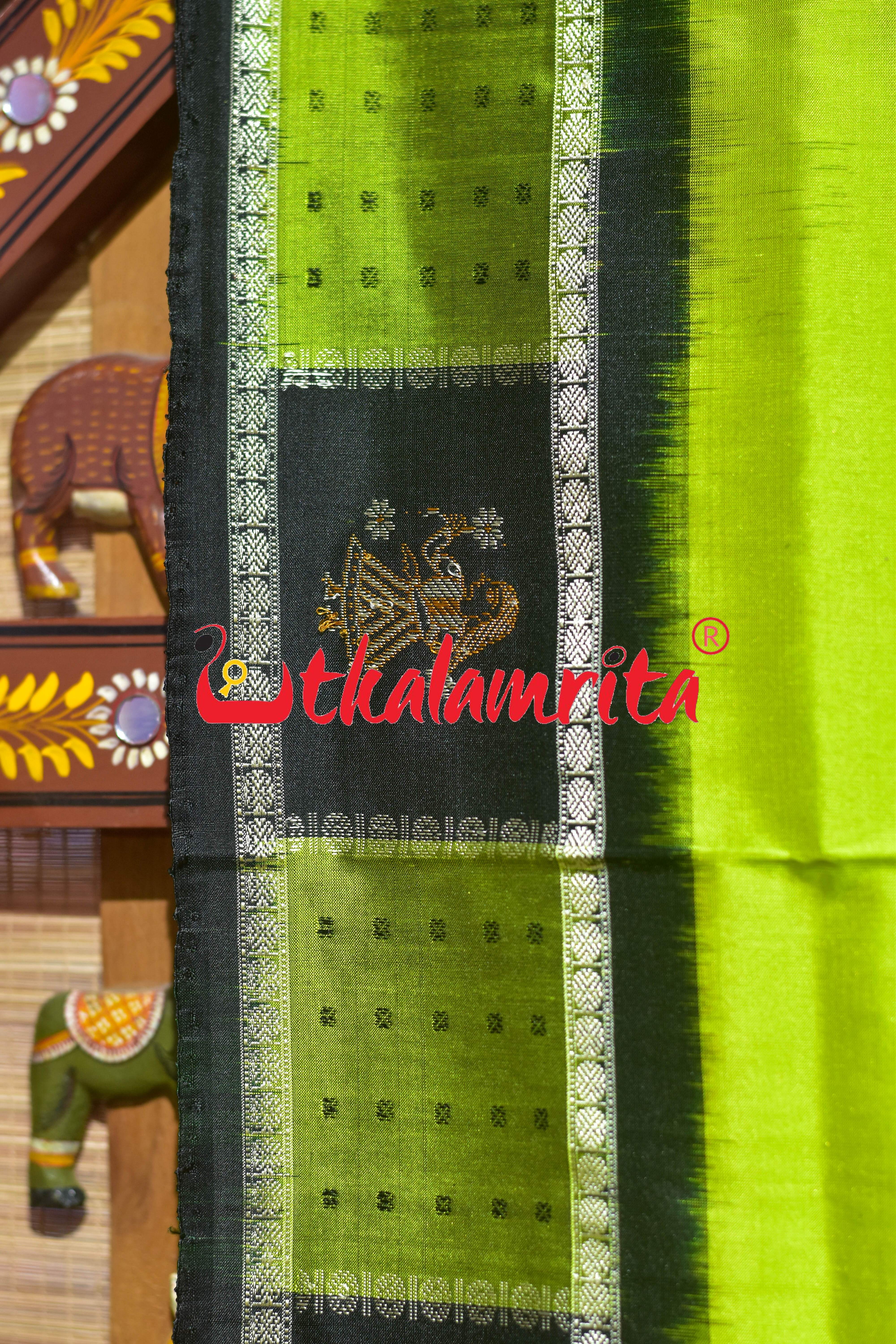 Fluorescent Green Black Doll Border Bomkai Silk Saree