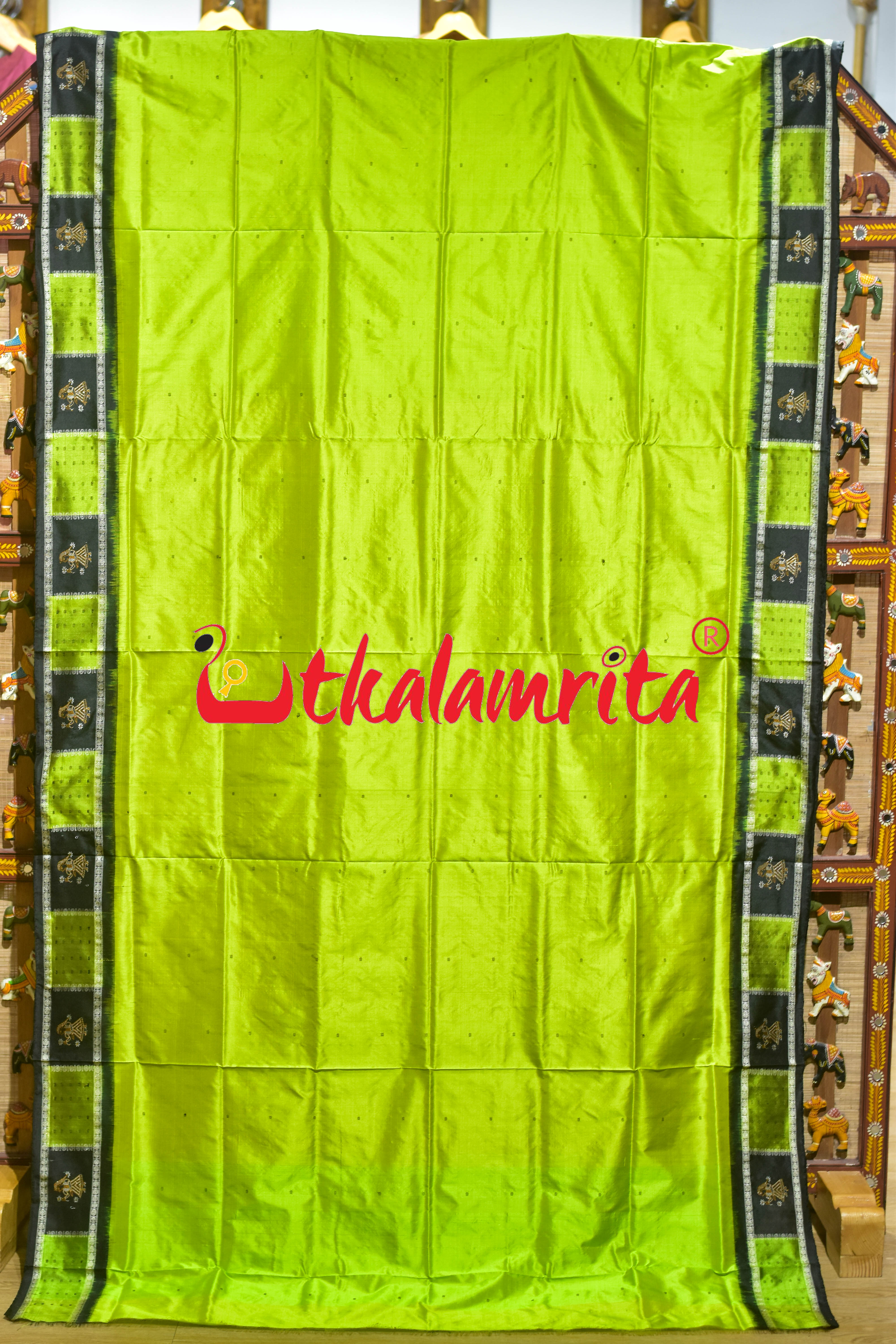 Fluorescent Green Black Doll Border Bomkai Silk Saree