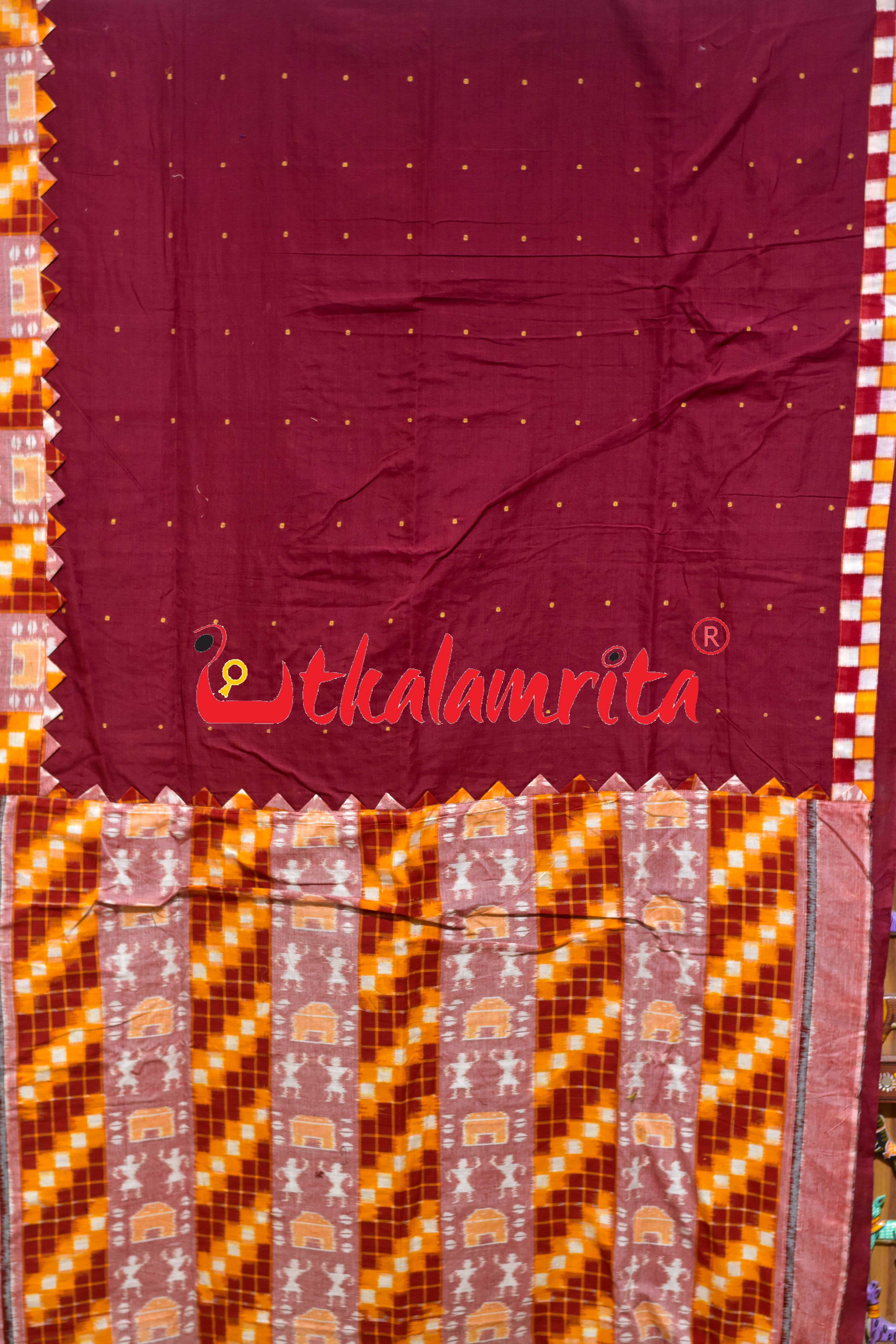 Maroon with Yellow Peach Tribals Designer Cotton Saree
