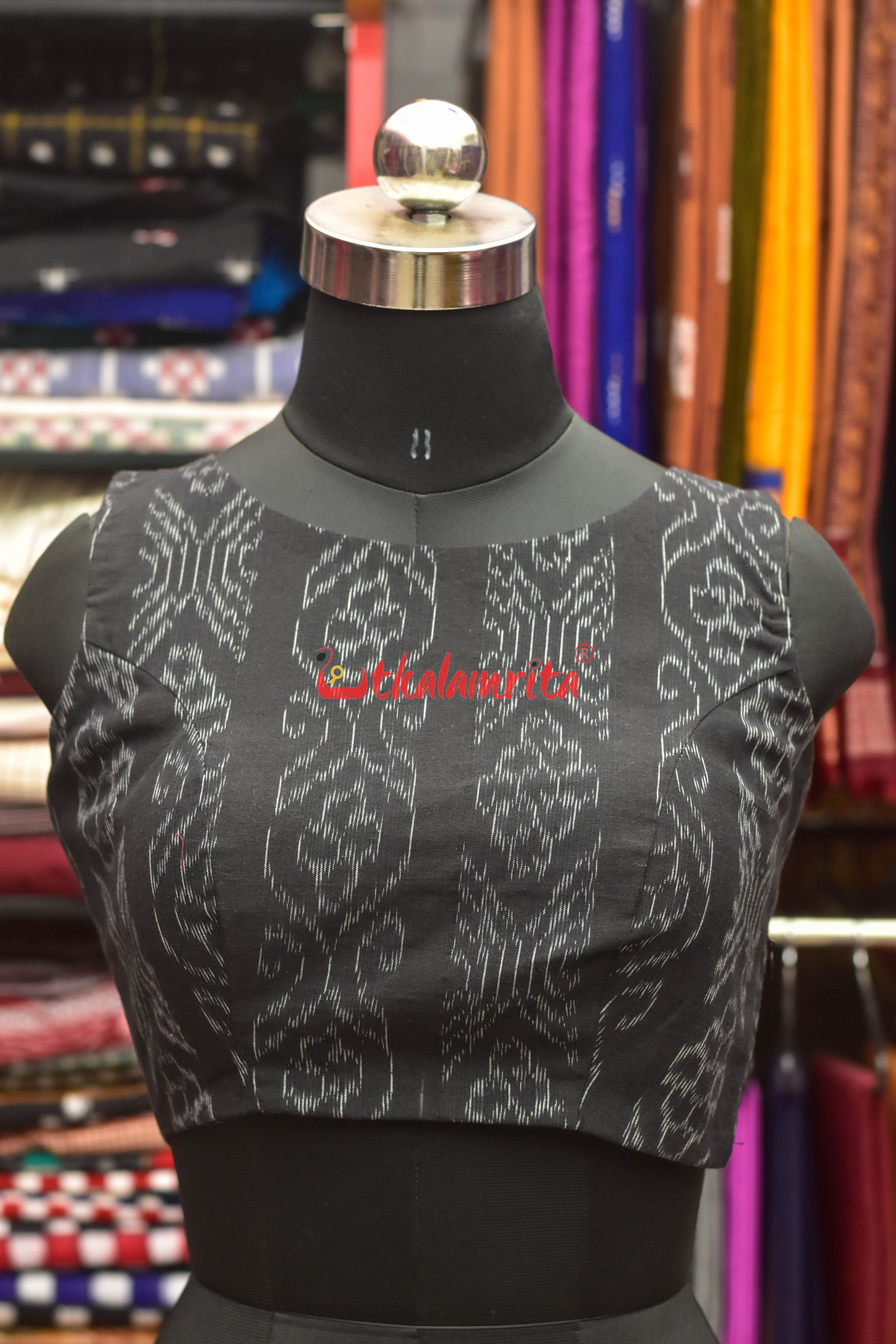 Flower Bandha on Black Boat Neck Sleeveless (Blouse)