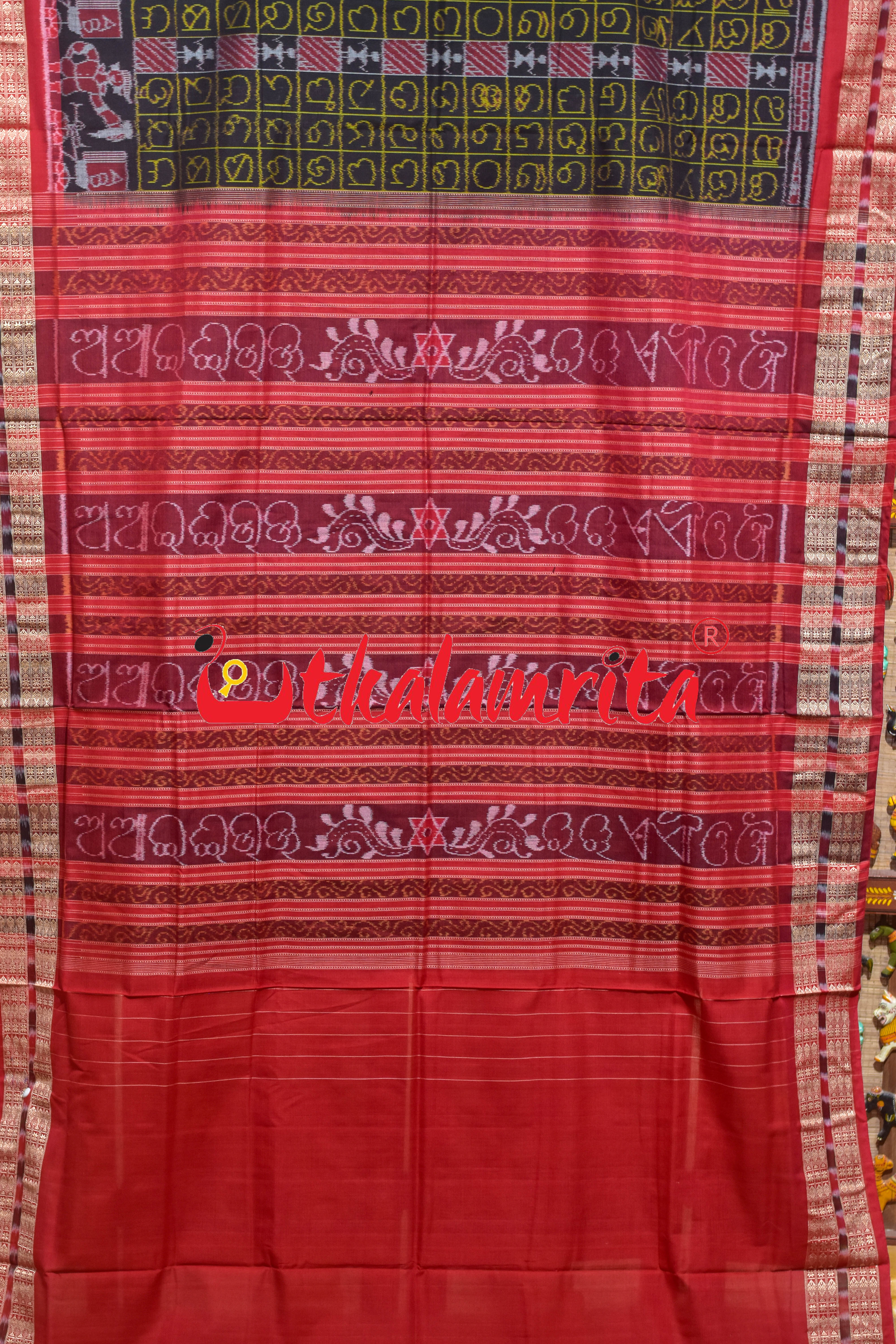 Black Red Odia Alphabets Doll Bandha Sambalpuri Cotton Saree