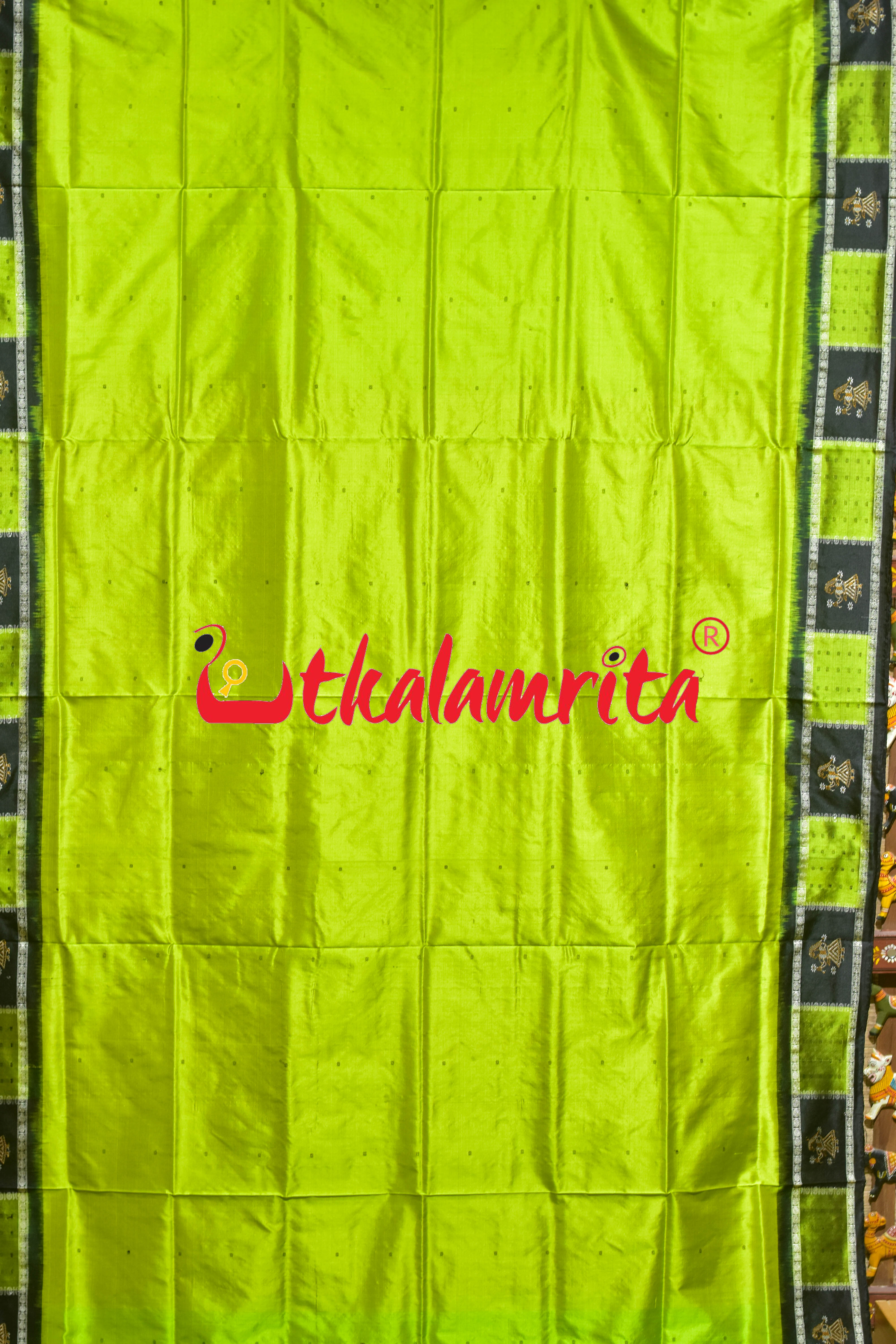 Fluorescent Green Black Doll Border Bomkai Silk Saree
