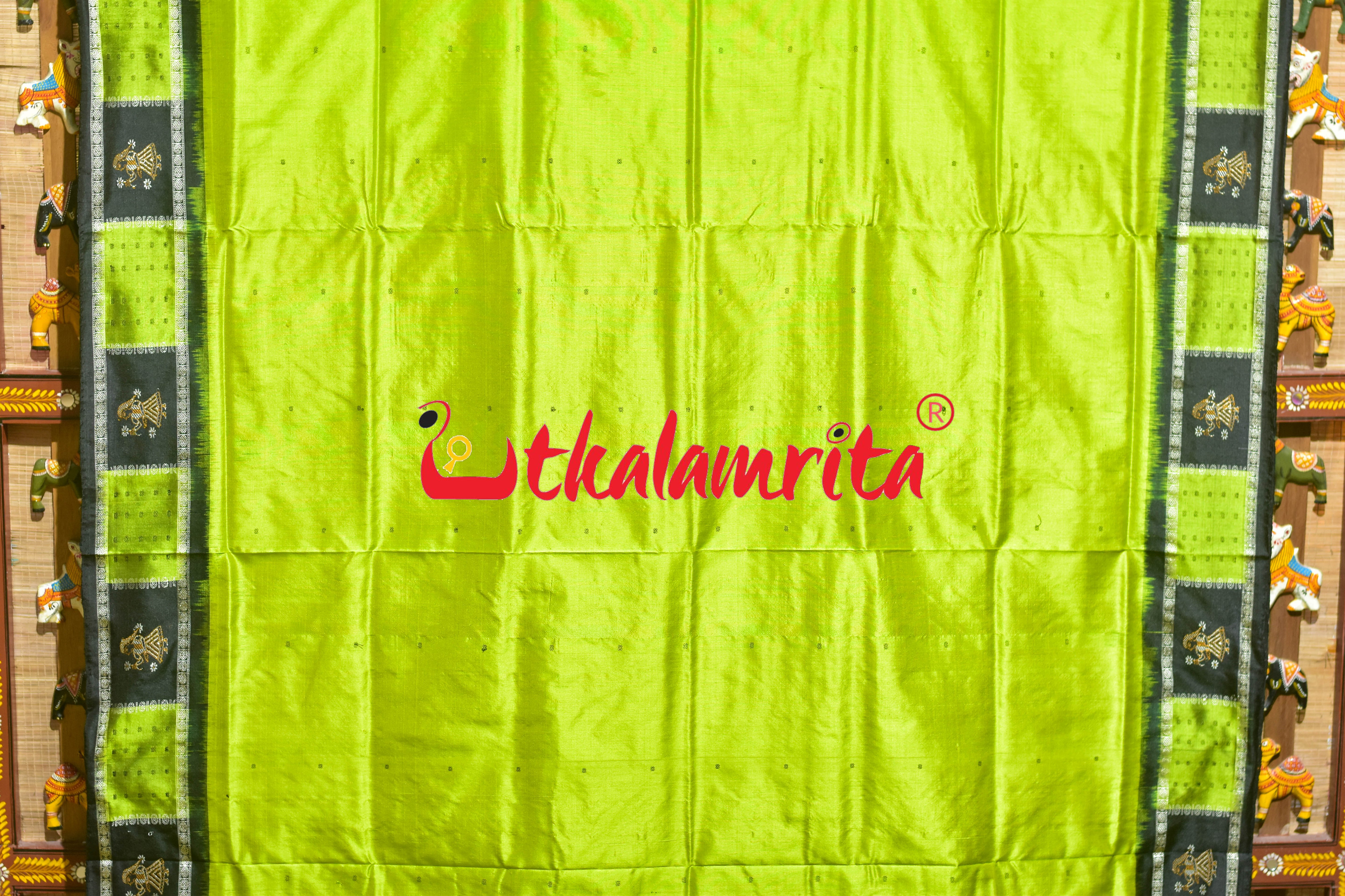 Fluorescent Green Black Doll Border Bomkai Silk Saree