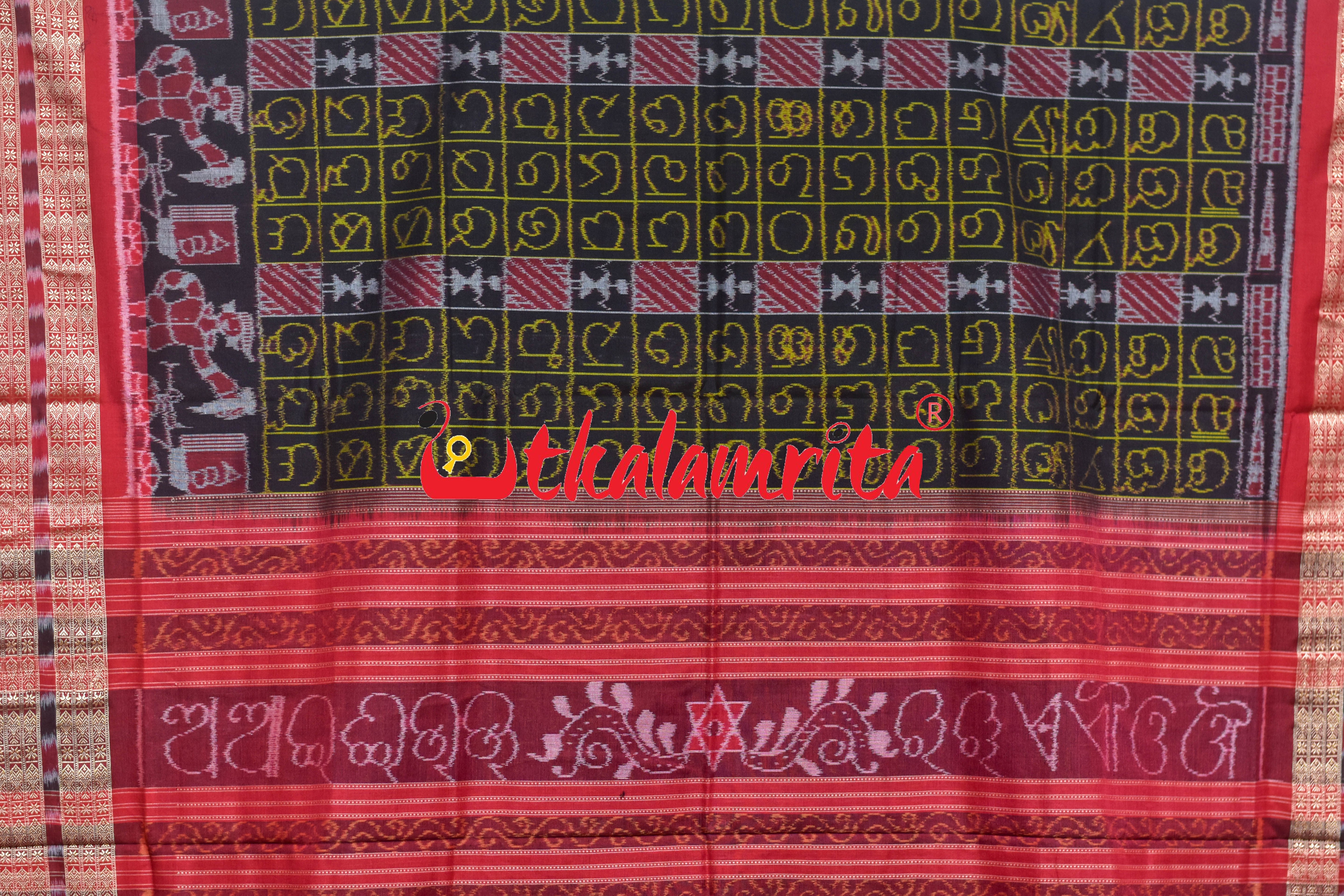 Black Red Odia Alphabets Doll Bandha Sambalpuri Cotton Saree