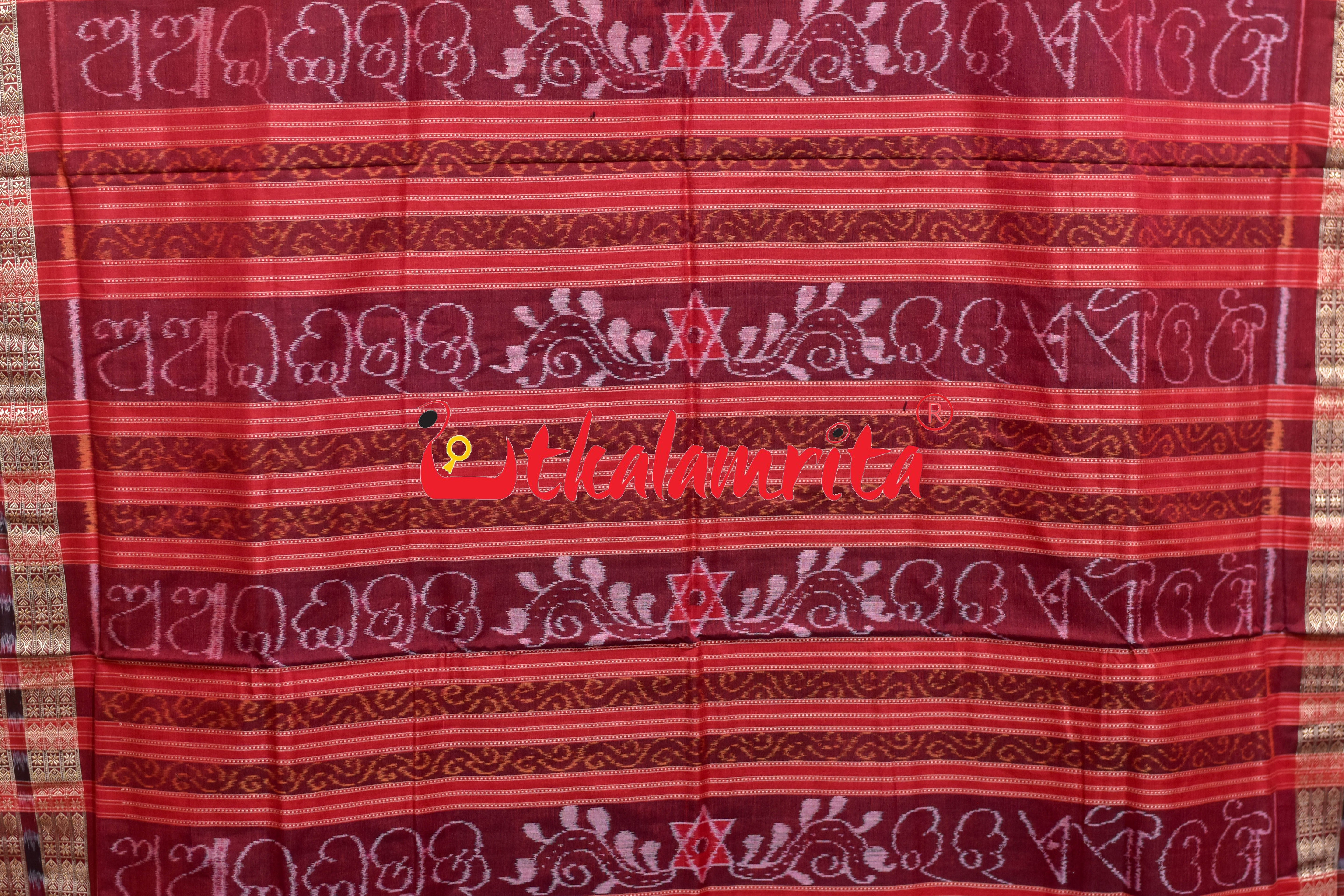 Black Red Odia Alphabets Doll Bandha Sambalpuri Cotton Saree