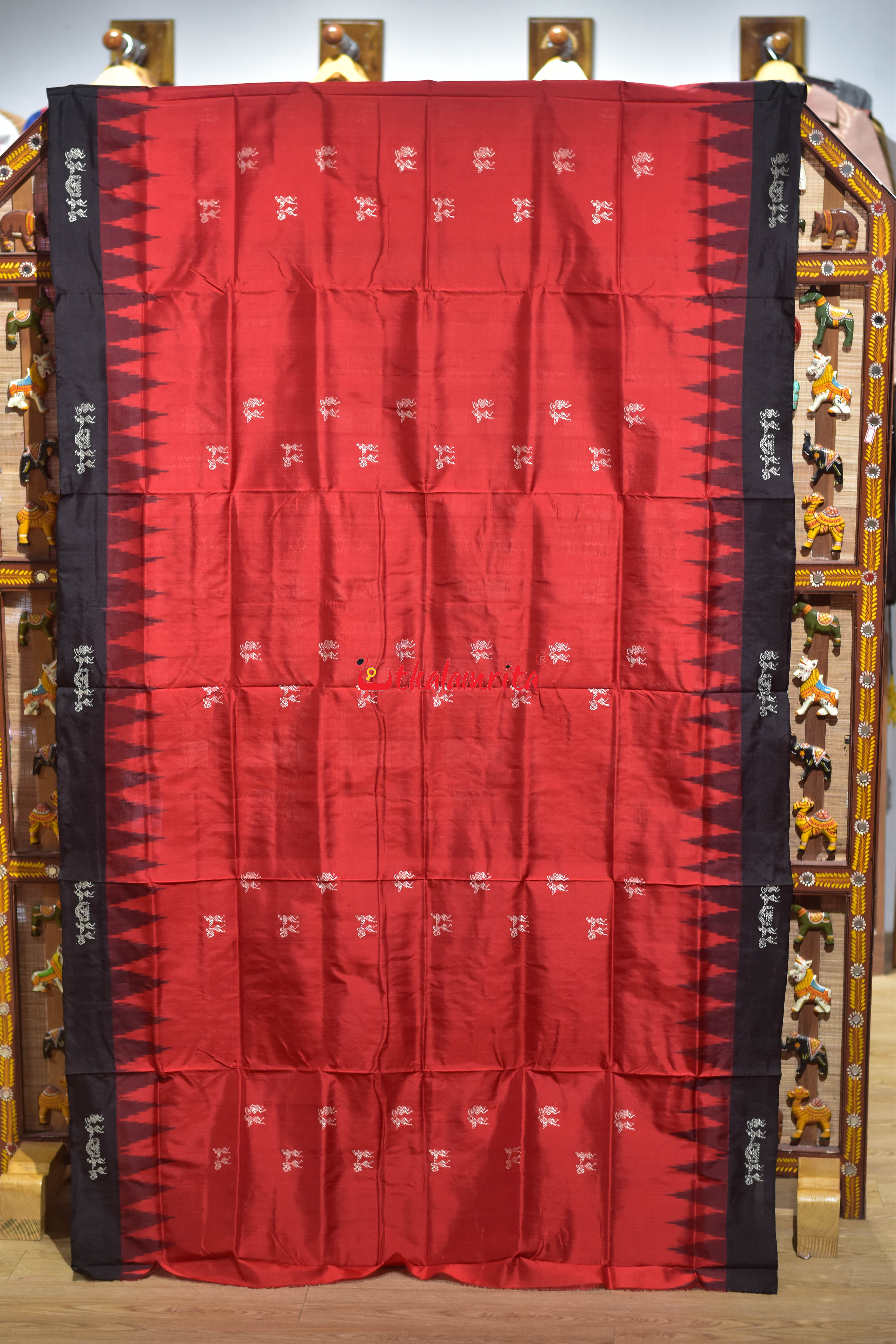 Red Black Sabari Tribal Bomkai Silk Saree