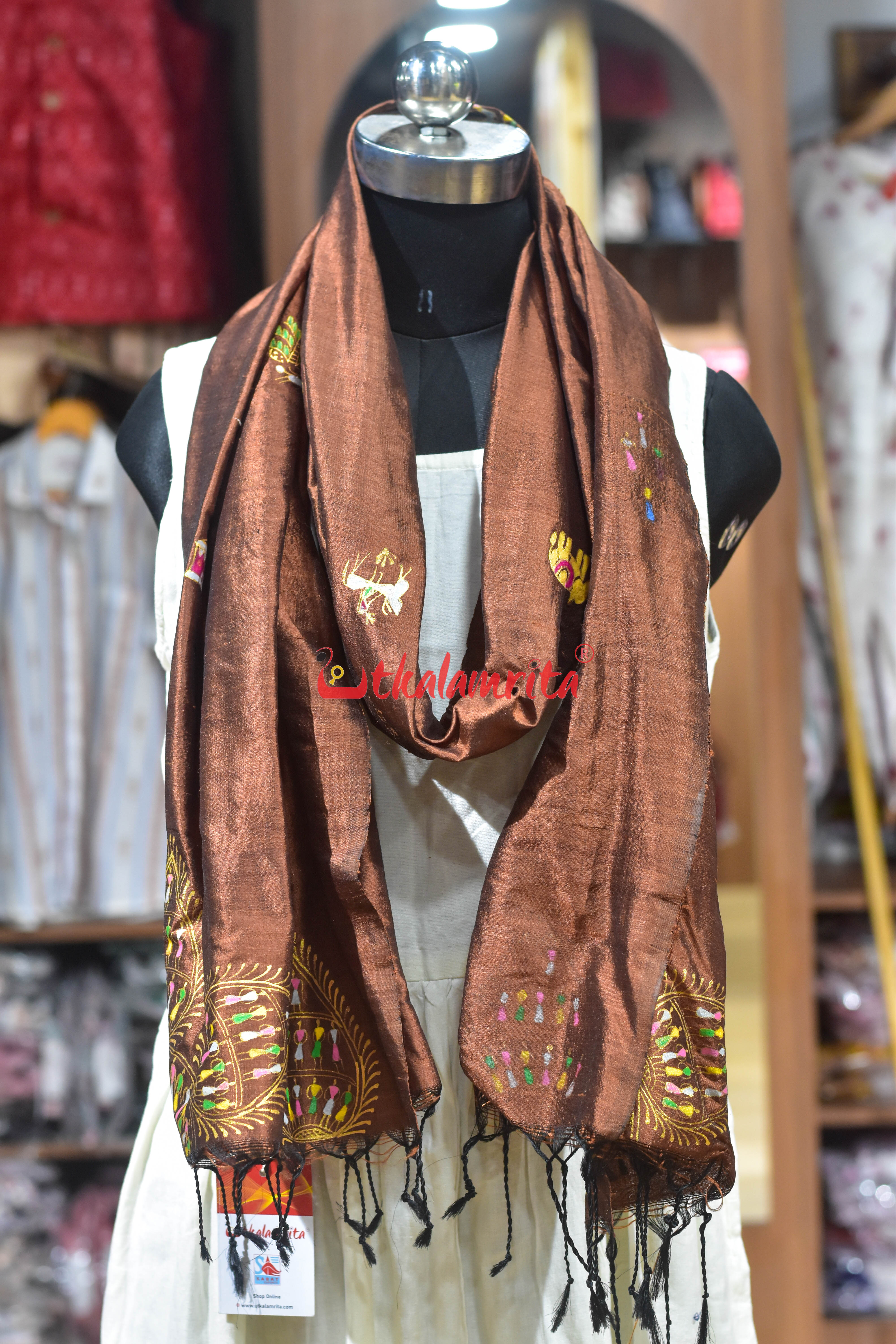 Tribal Handpainted Brown Silk Stole