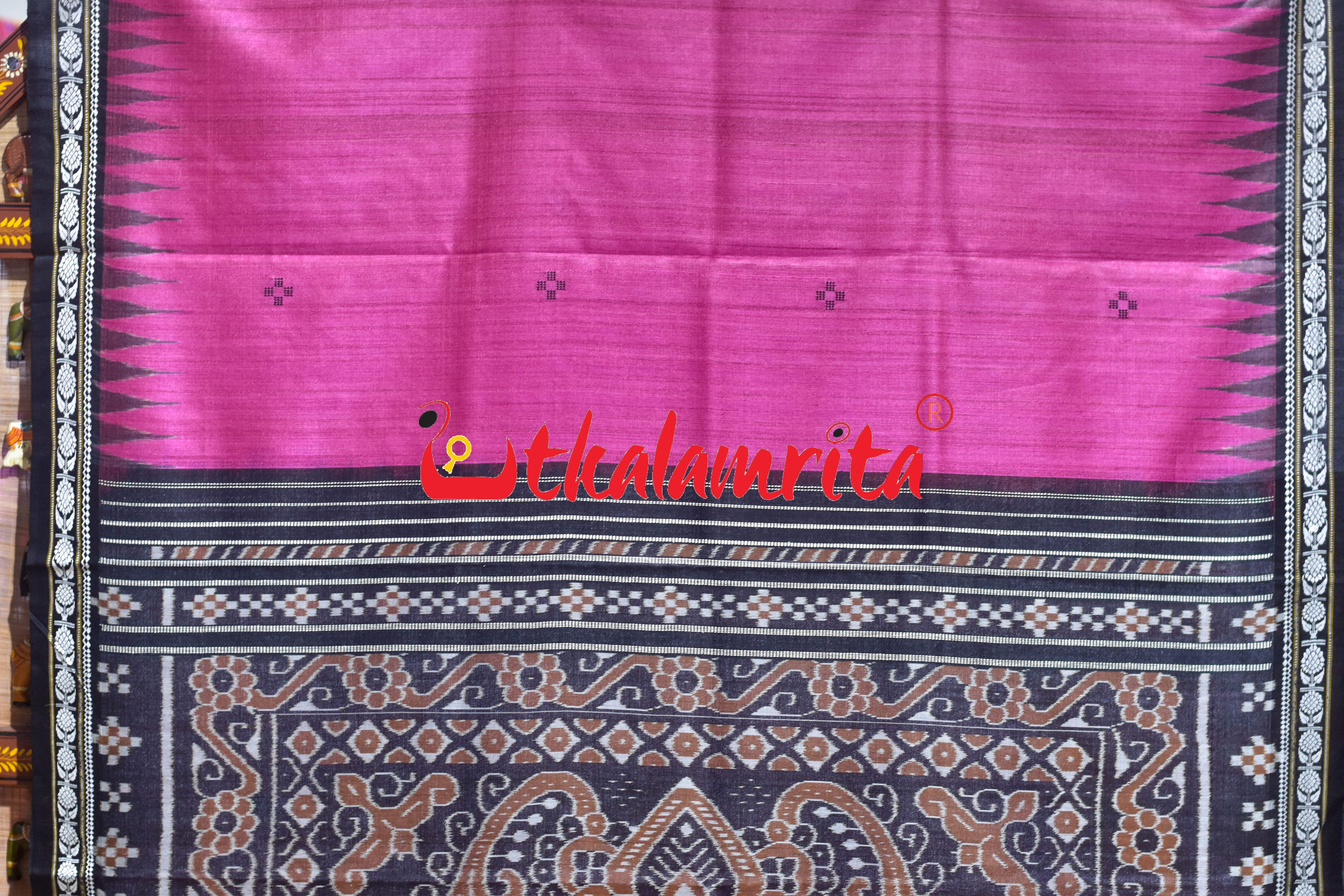 Pink Black Flower Dobby Gopalpur Tussar Saree