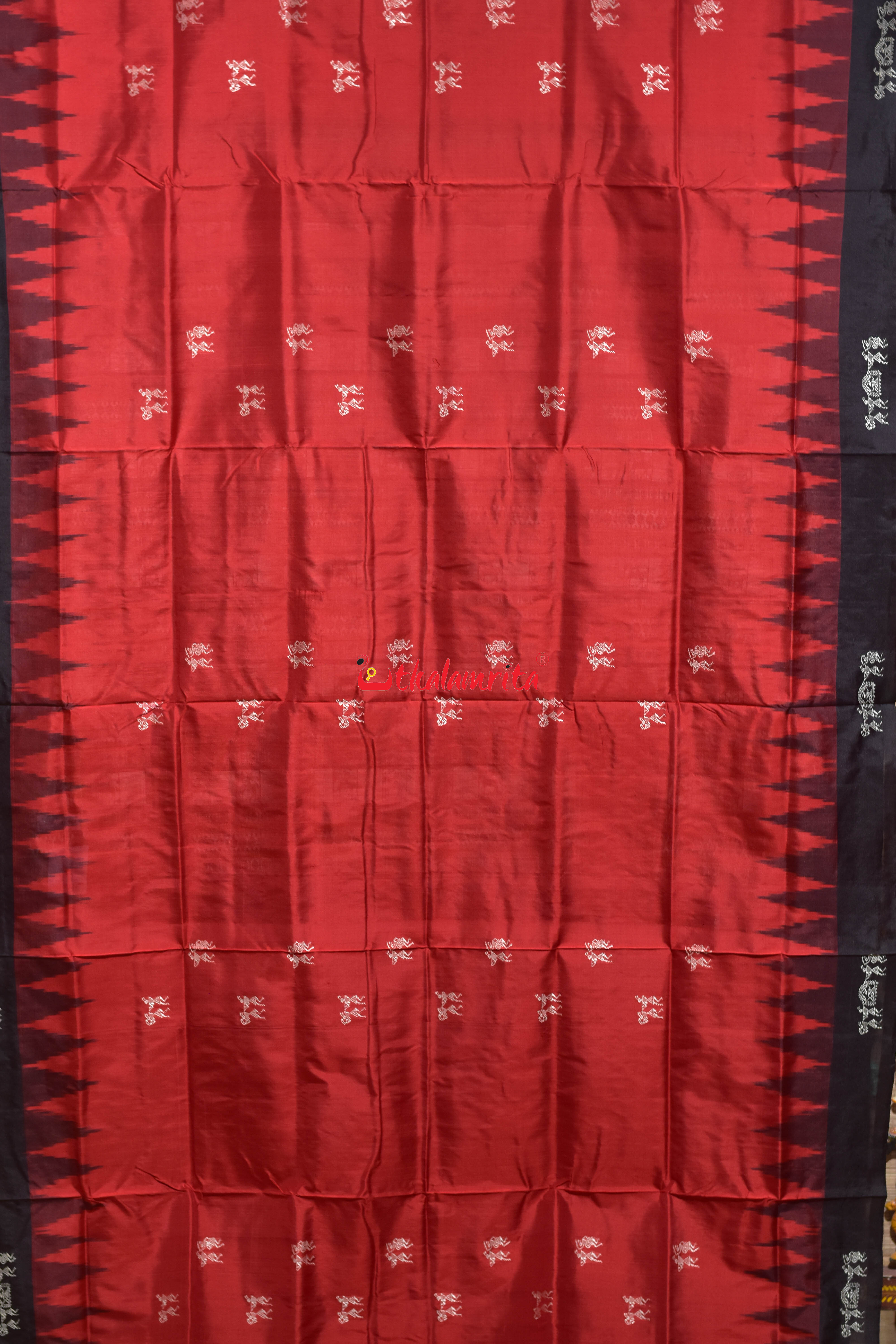 Red Black Sabari Tribal Bomkai Silk Saree