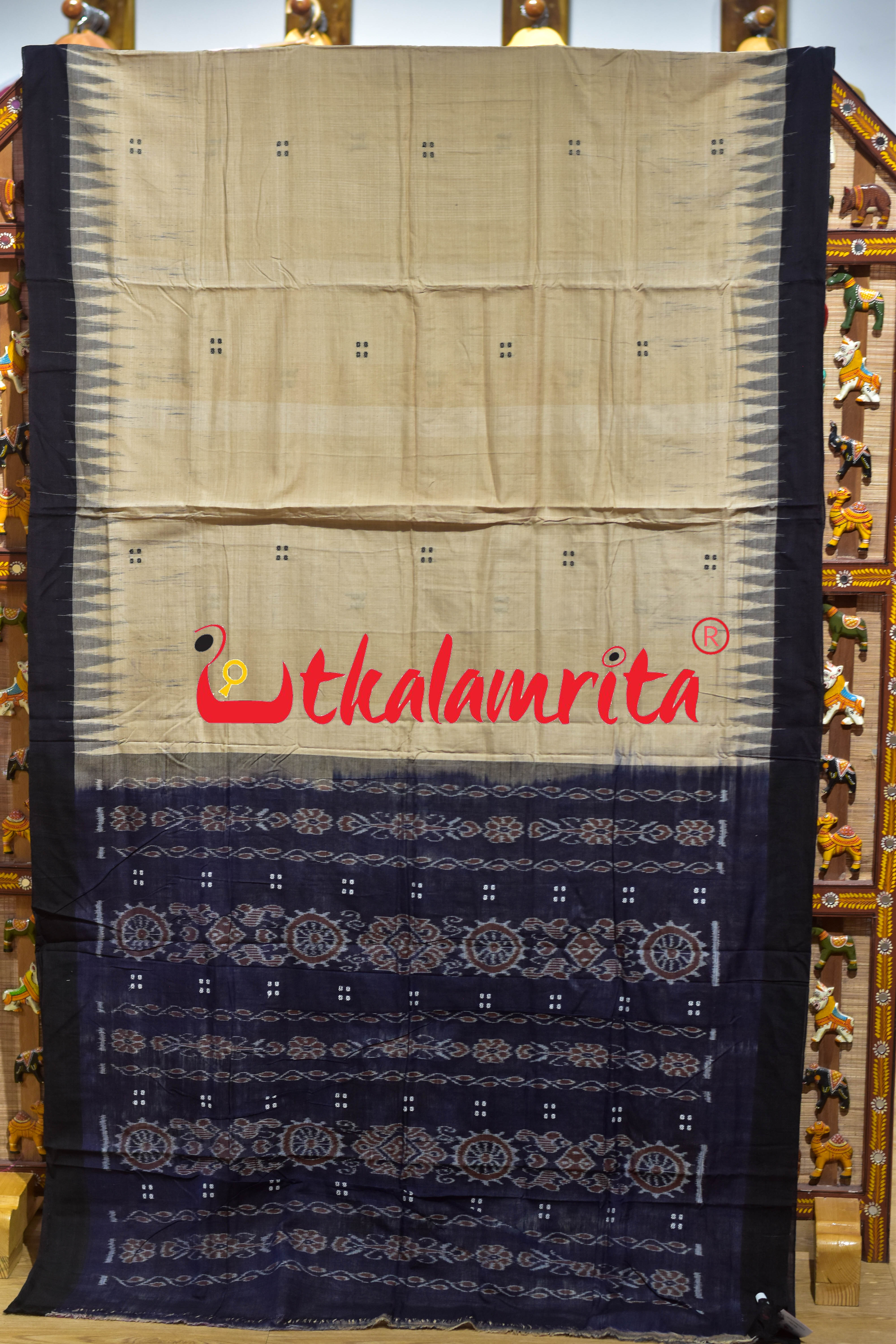 Off White Black Four Buti Khandua Cotton Saree