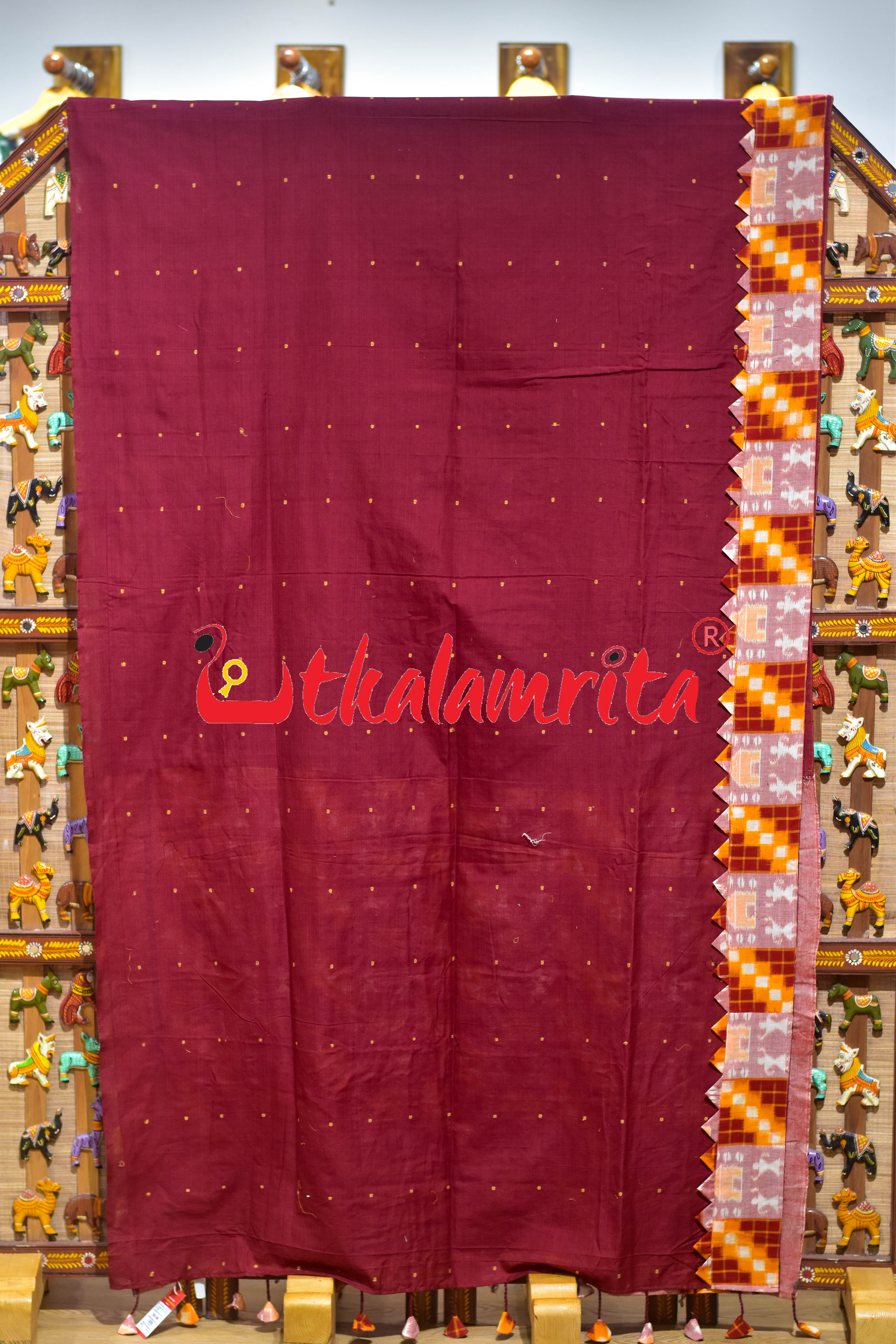 Maroon with Yellow Peach Tribals Designer Cotton Saree