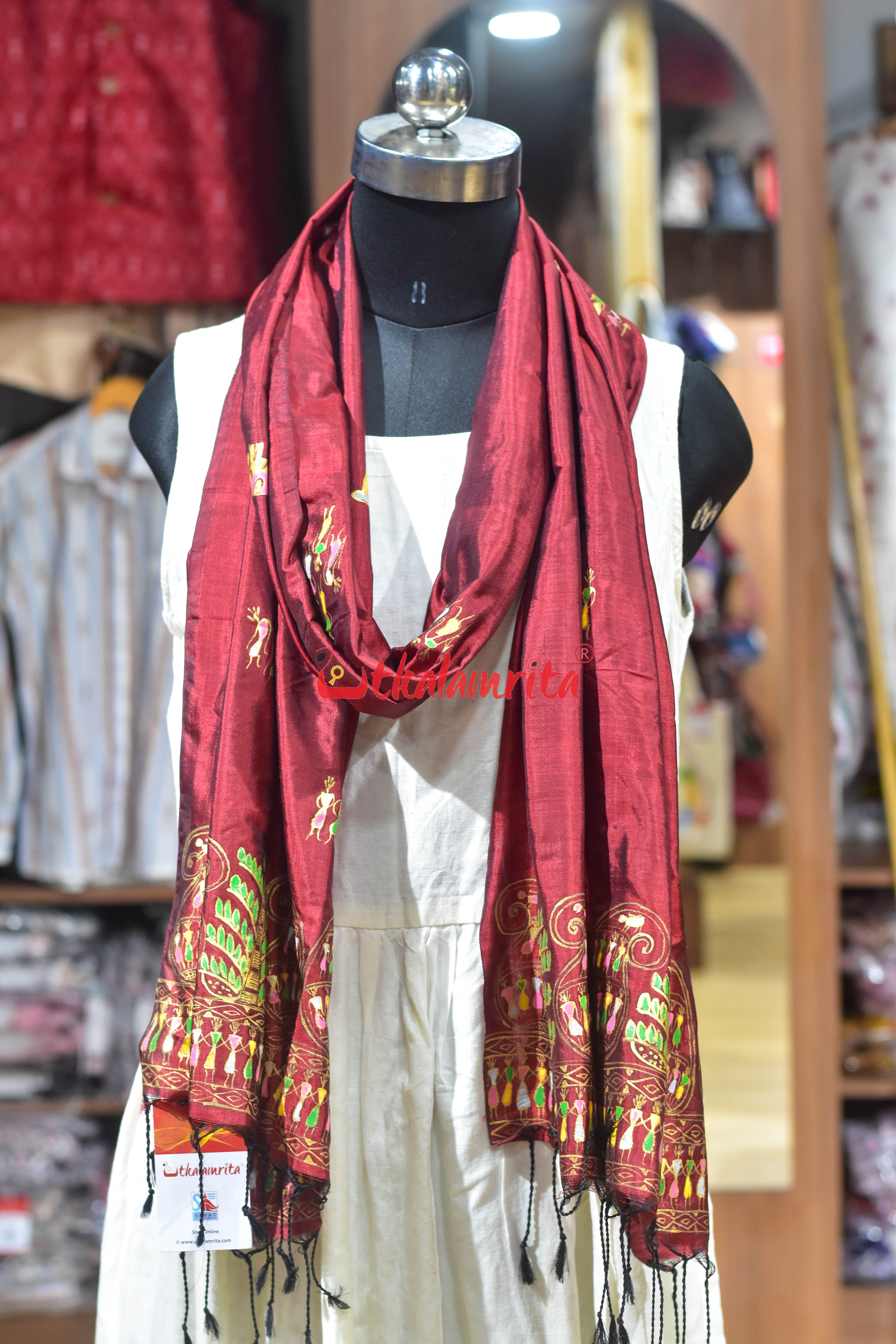 Tribal Handpainted Maroon Silk Stole
