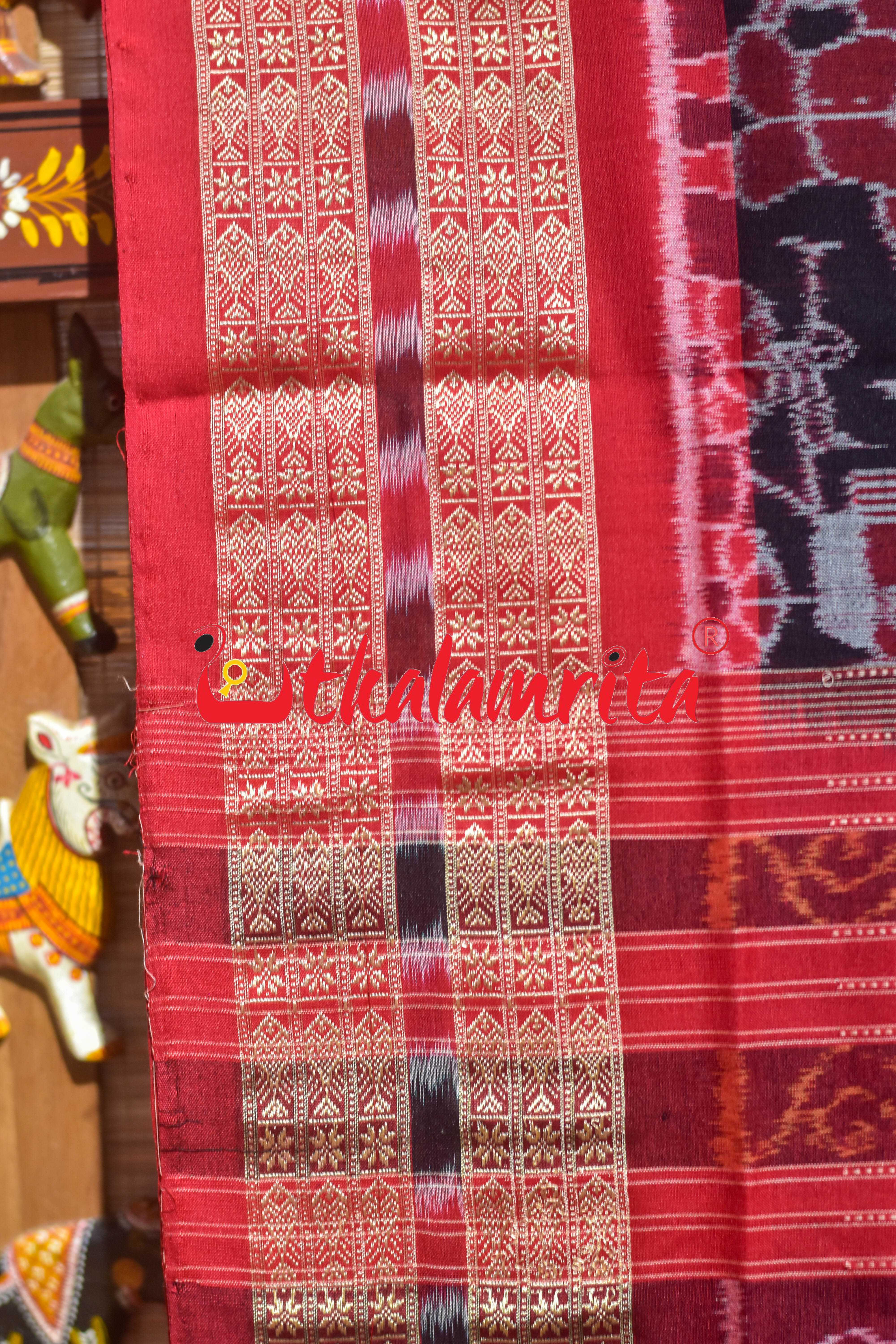 Black Red Odia Alphabets Doll Bandha Sambalpuri Cotton Saree