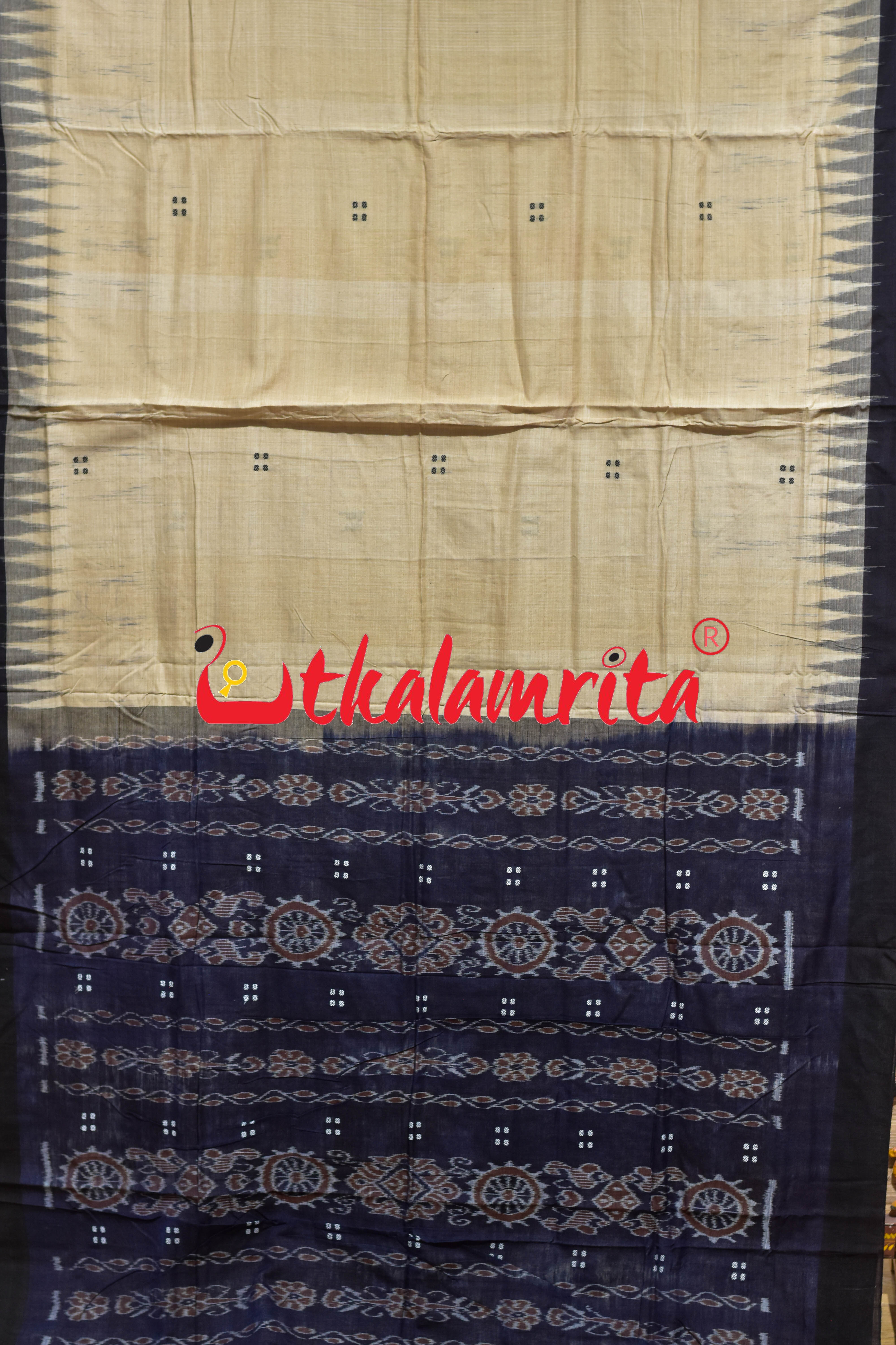 Off White Black Four Buti Khandua Cotton Saree