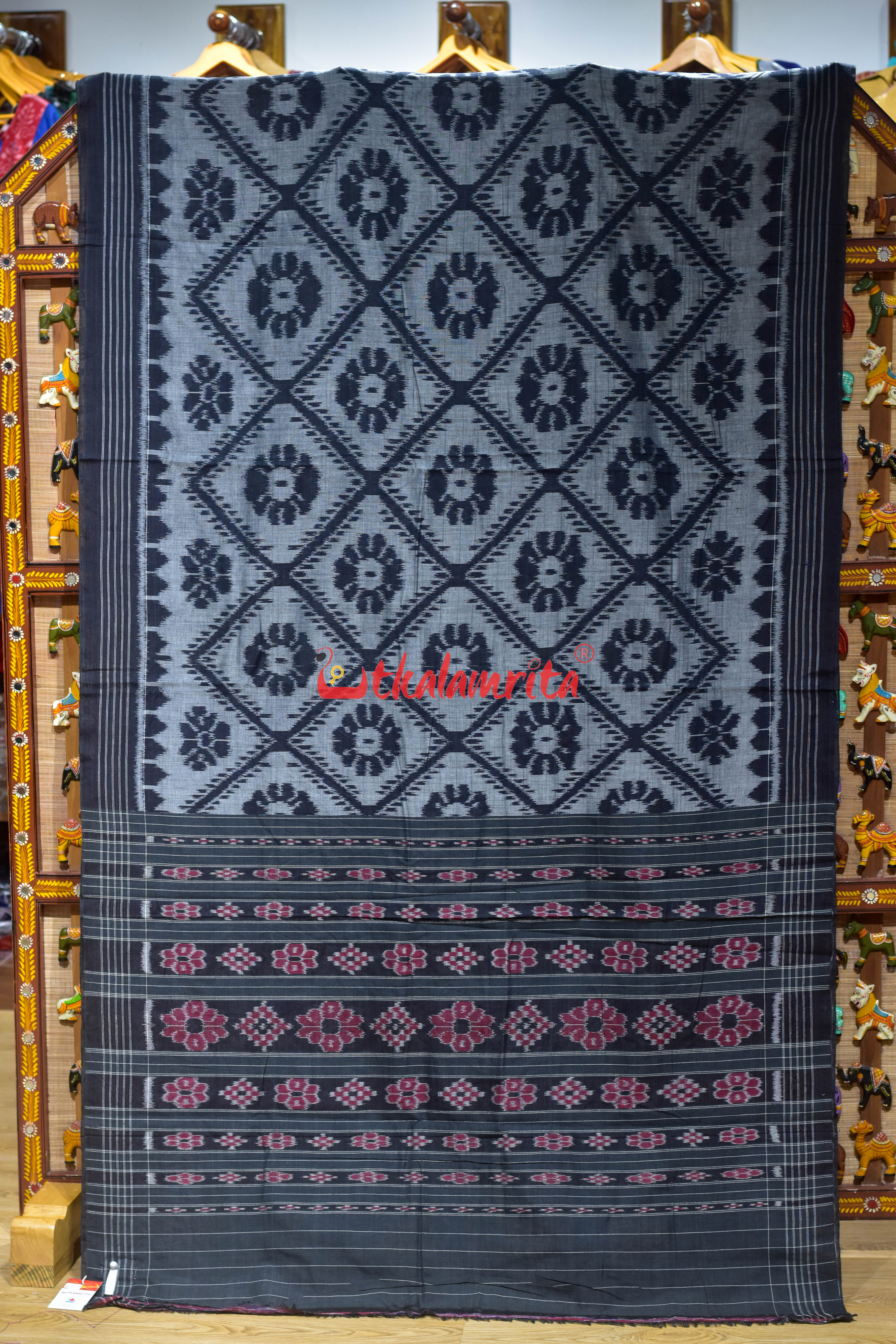 Grey Black Bada Phula Khandua Cotton Saree