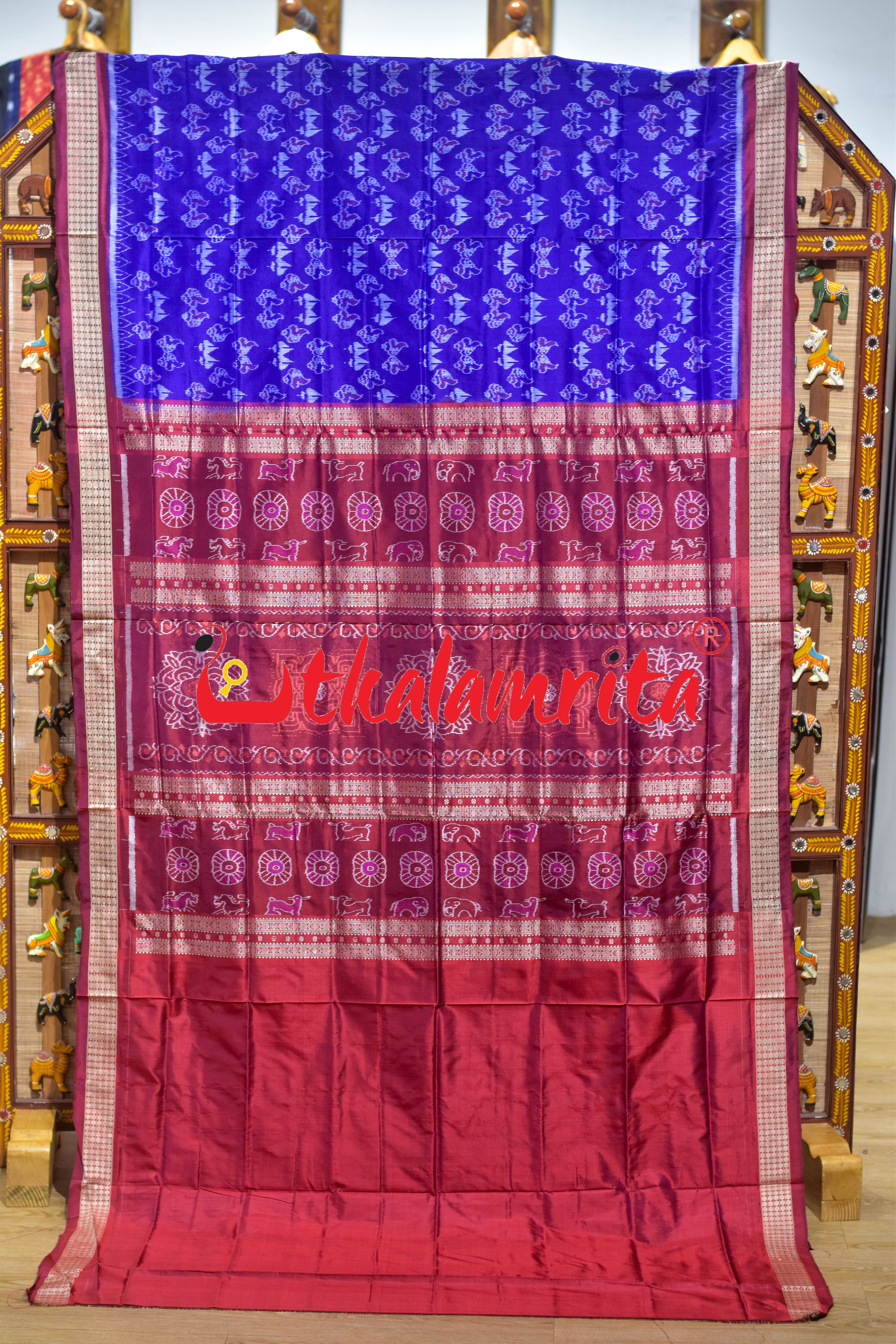 Blue Maroon Body Sankha Sambalpuri Silk Saree