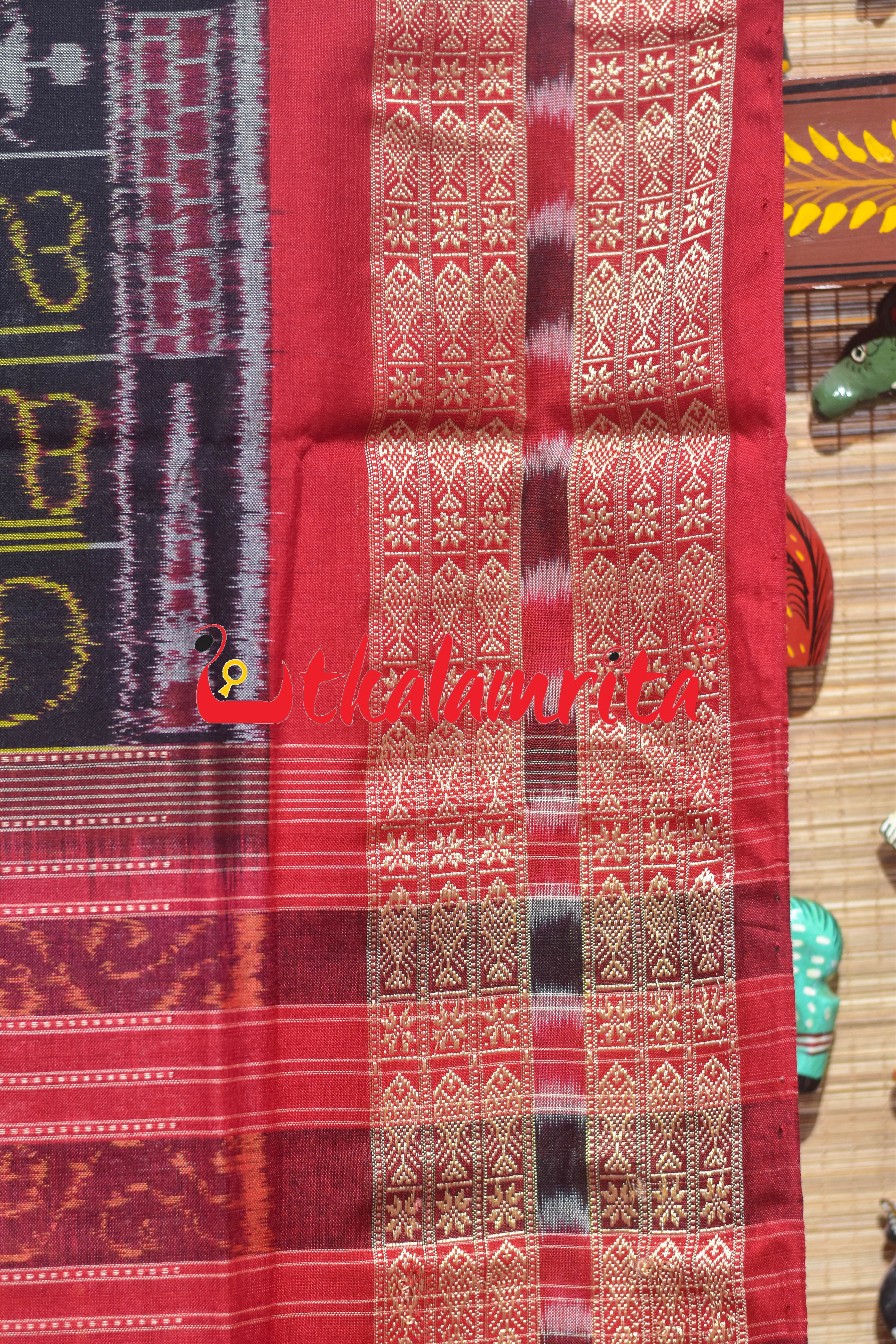 Black Red Odia Alphabets Doll Bandha Sambalpuri Cotton Saree