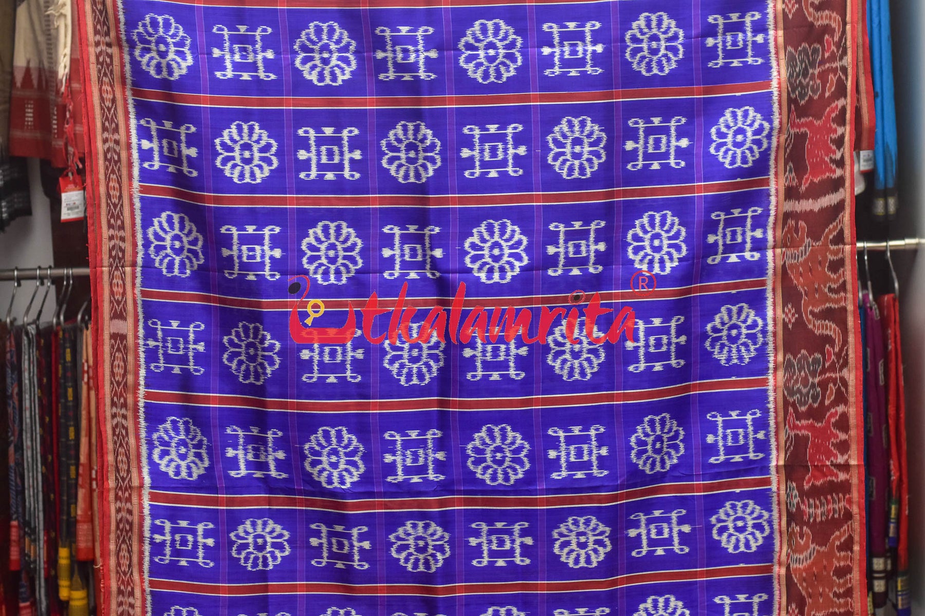 Blue with Animal Border Alpana Khandua Silk Saree